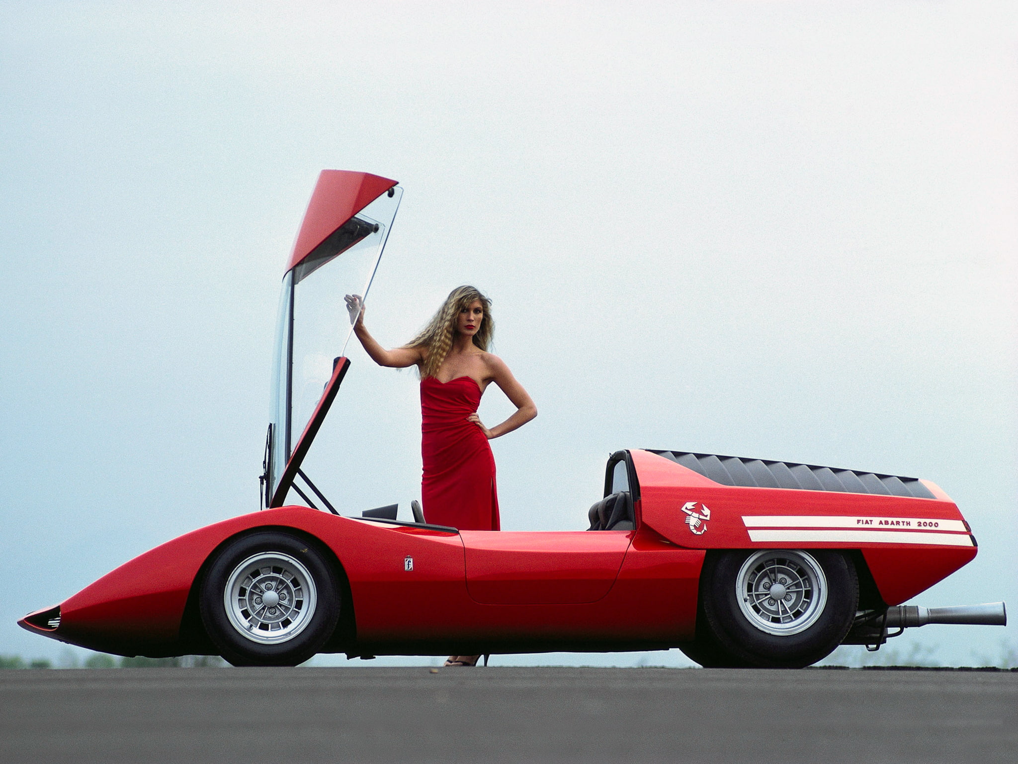 women, long hair, bare shoulders, 1080P, driving, motor vehicle, wheels, red cars, film grain, red dress, one person, FIAT, women with cars, side view, HD Wallpaper