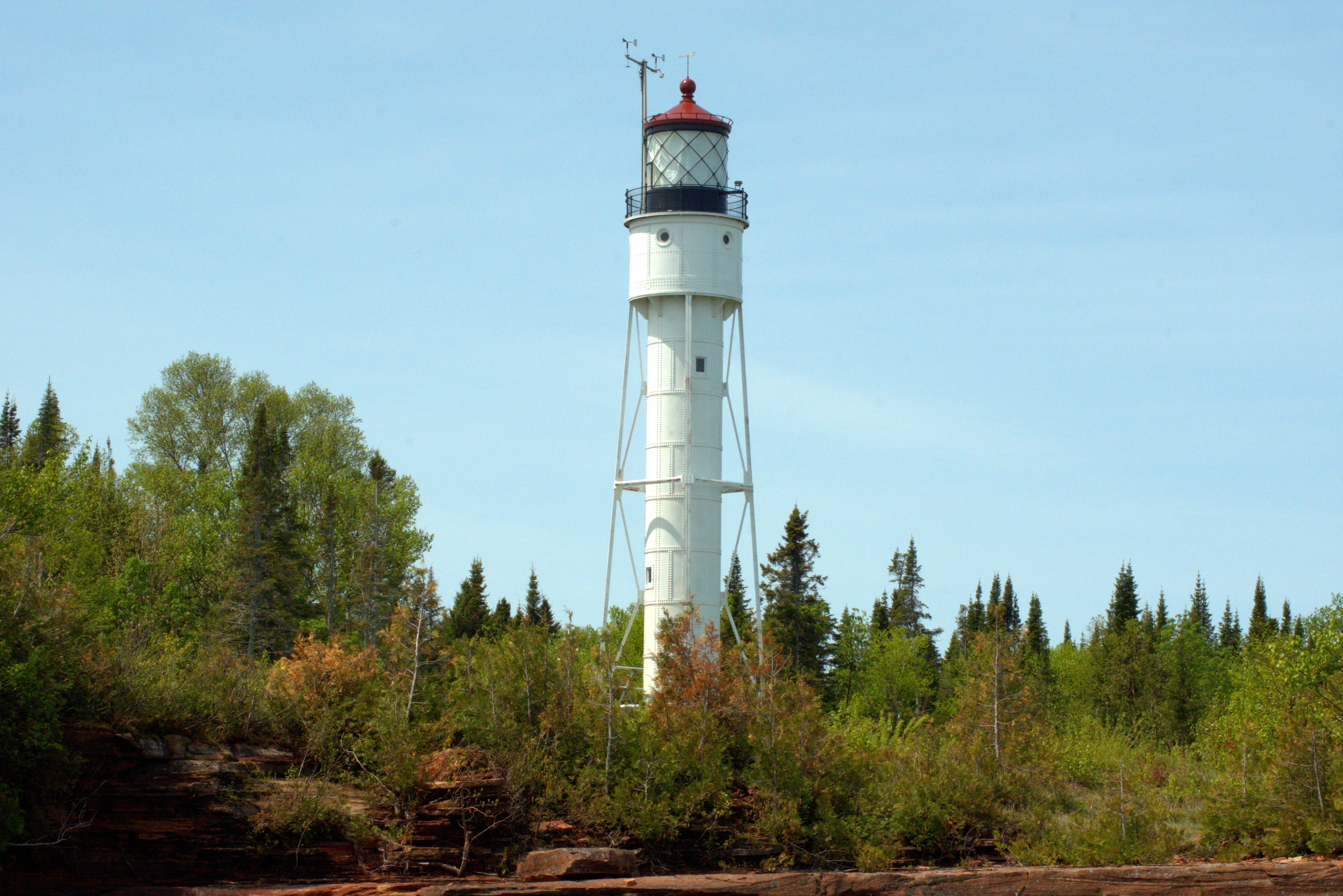 tower, outdoors, plant, growth, low angle view, structure, scenery, landscape, apostle islands national lakeshore, water, security, nature, 4K, tall - high, HD Wallpaper