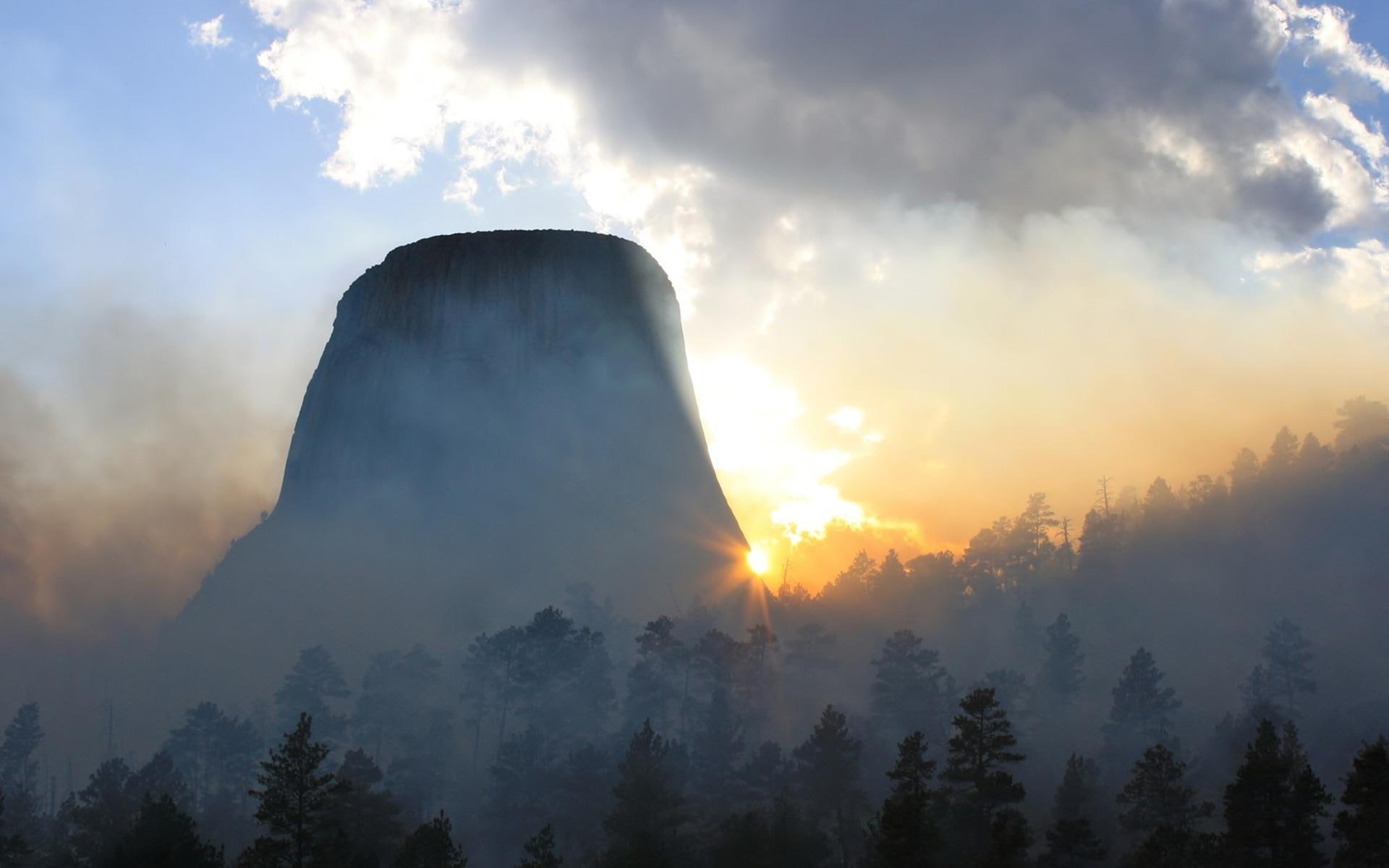 cliff, sunrise, fog, wyoming, forest, morning, tower, 1080P, devils, HD Wallpaper