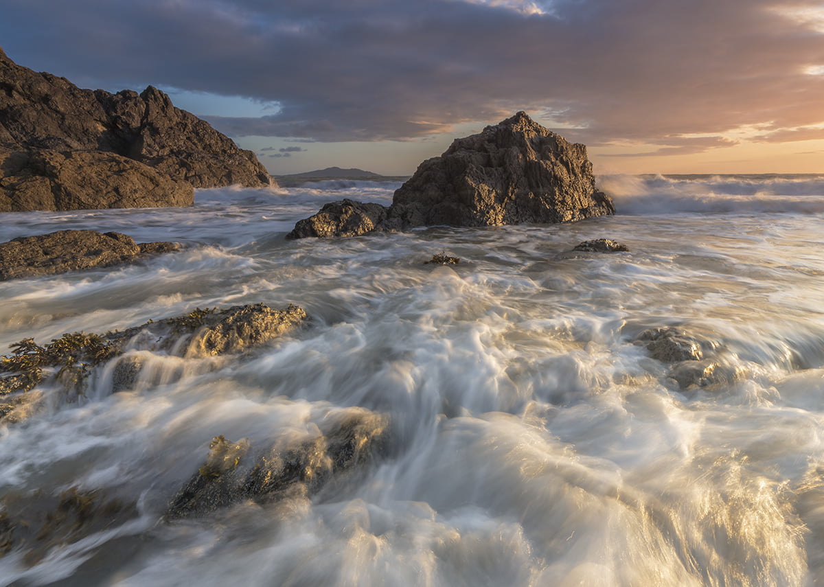 Mynachdy, nature, coastline, Wales, waves, Anglesey, Ynys Mon, day, rocks, outdoors, sunset, untitled, surf, landscape, sea, scenics, cloudy, 480P, Porth, HD Wallpaper