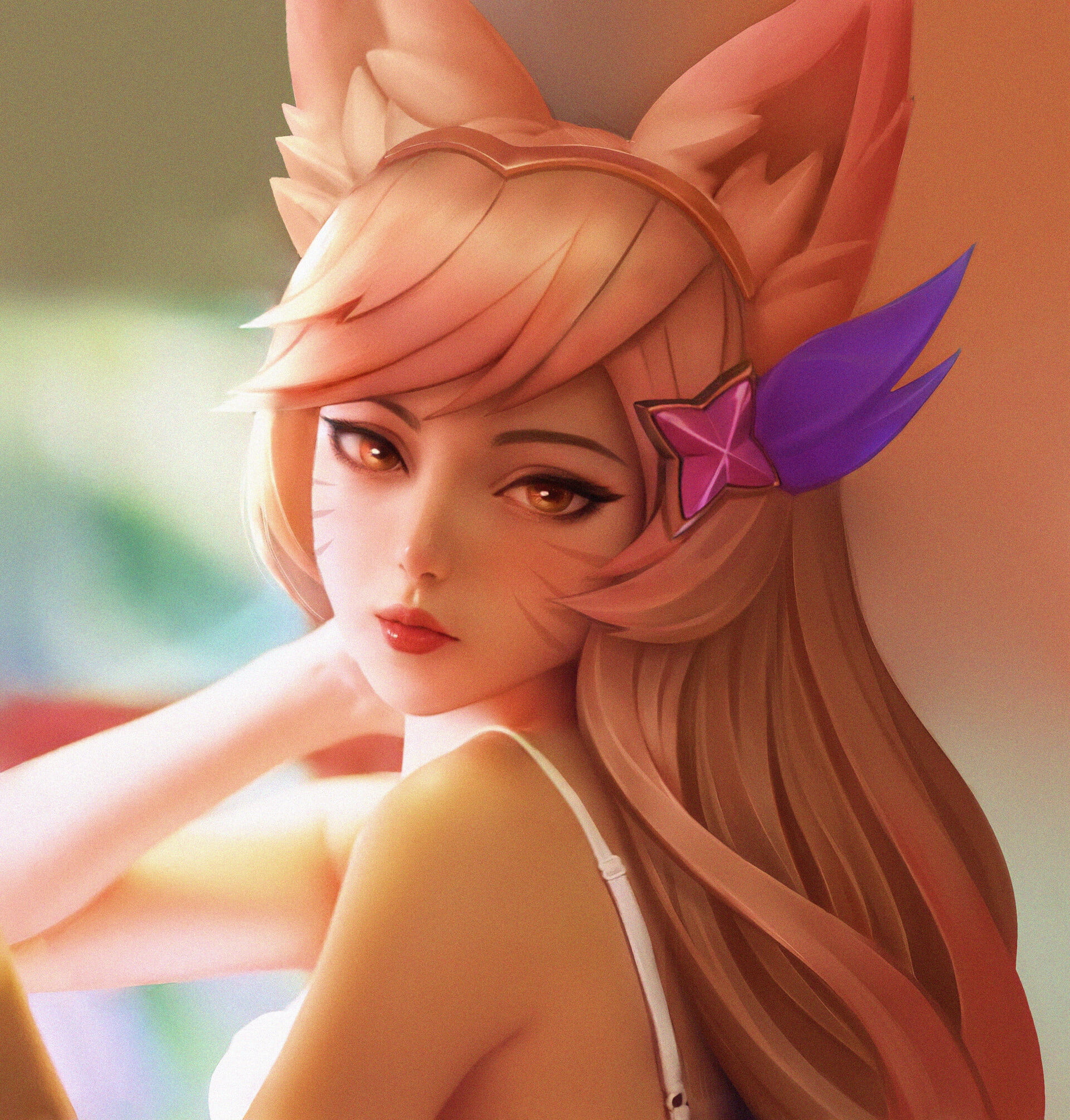 League of Legends, Ahri (League of Legends), women, looking at viewer, drawing, 1080P, portrait, Heng Yue, fox ears, long hair, hair accessories, fox girl, Phone HD Wallpaper