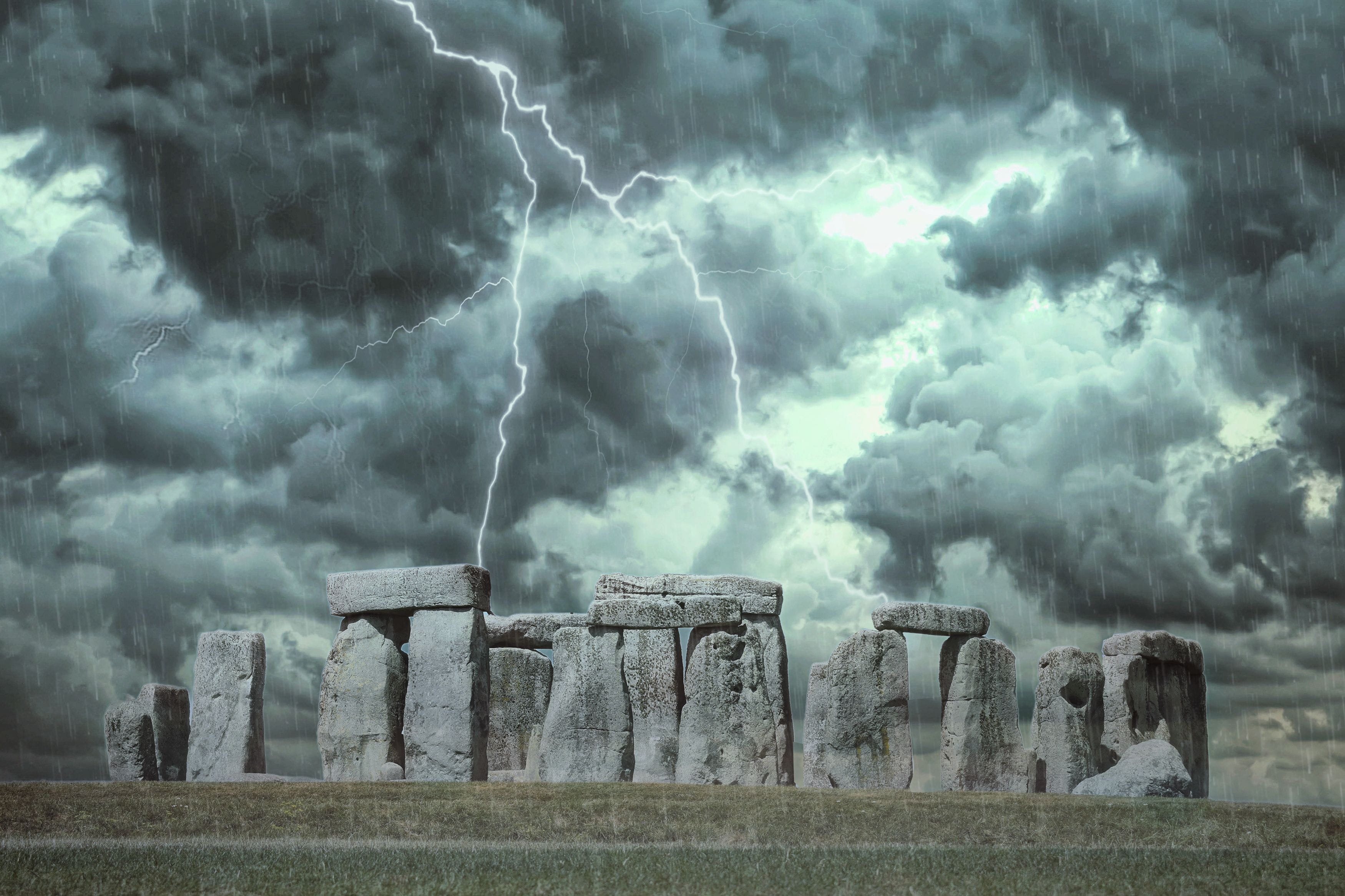 stonehenge, old, dramatic sky, prehistory, rain, storm cloud, ancient, power, overcast, circle, architecture, history, built structure, ruins, outdoors, HD Wallpaper