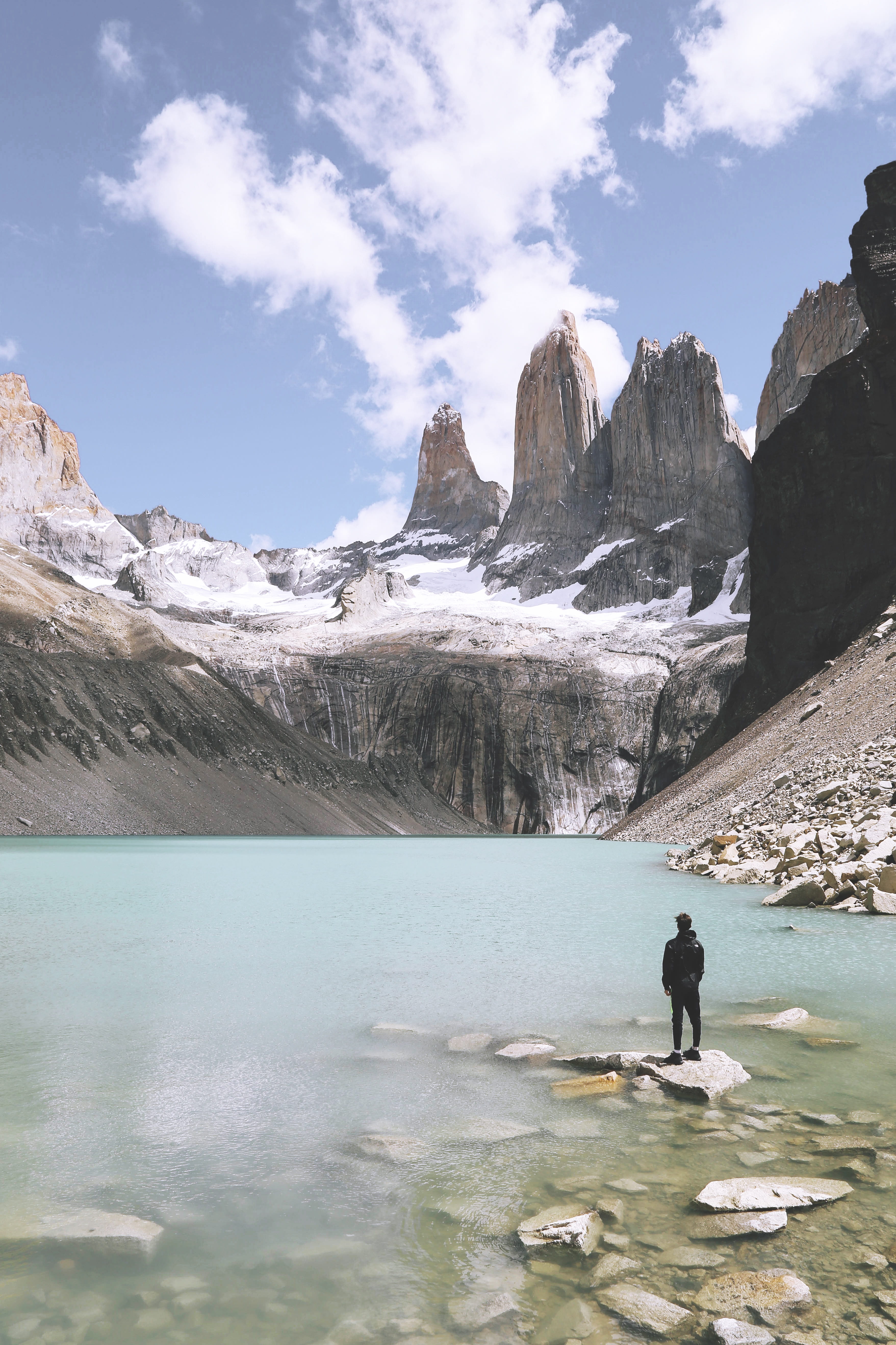 one person, cloud - sky, snow, sky, real people, adventure, rear view, mountain, tranquil scene, water, river, Las Torres, beside, facing, standing, beauty in nature, Phone HD Wallpaper