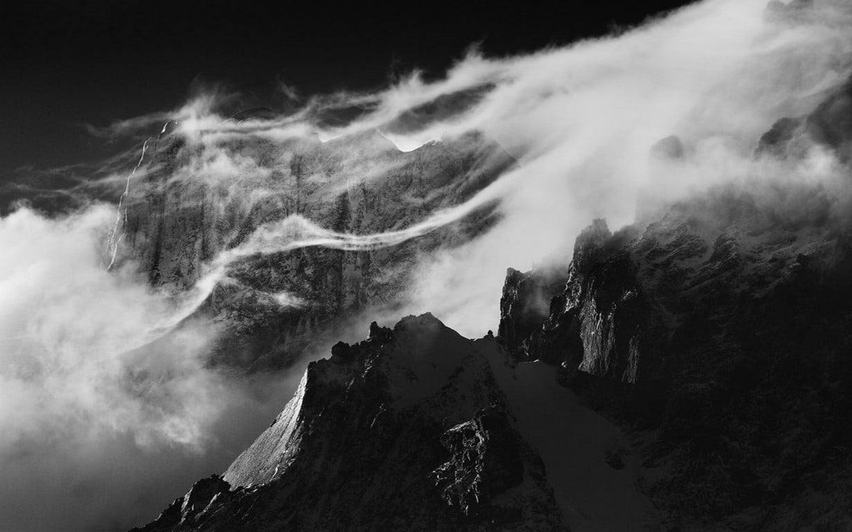 tranquility, monochrome, photo, outdoors, wind, geology, no people, rock, environment, nature, power in nature, mountain range, snowy peak, landscape, sunlight, HD Wallpaper