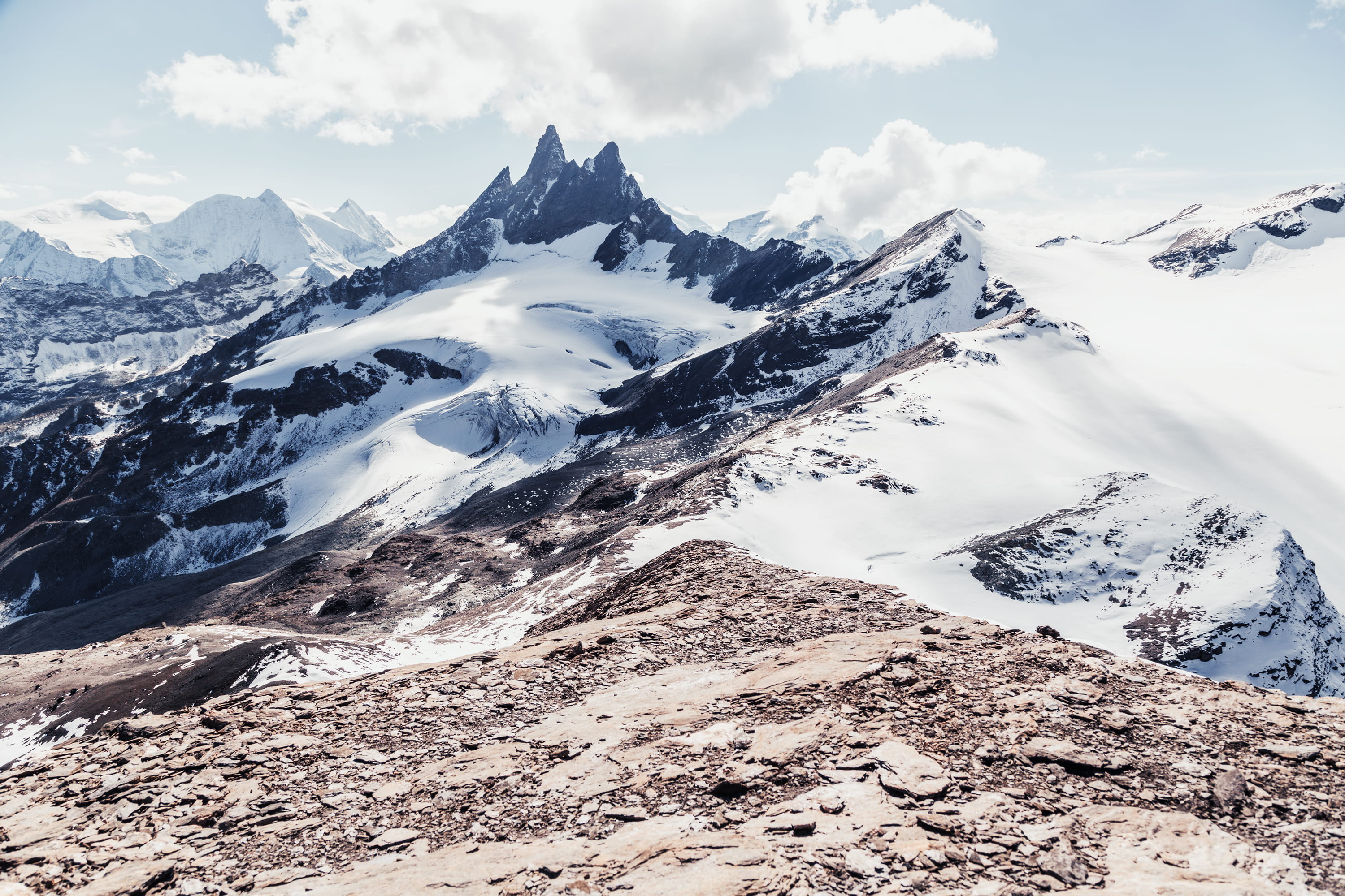 range, nature, sun, mont de letoile, cloud - sky, sky, outdoors, tranquility, day, formation, landscape, alp, covered, mountain range, alpine, white color, HD Wallpaper