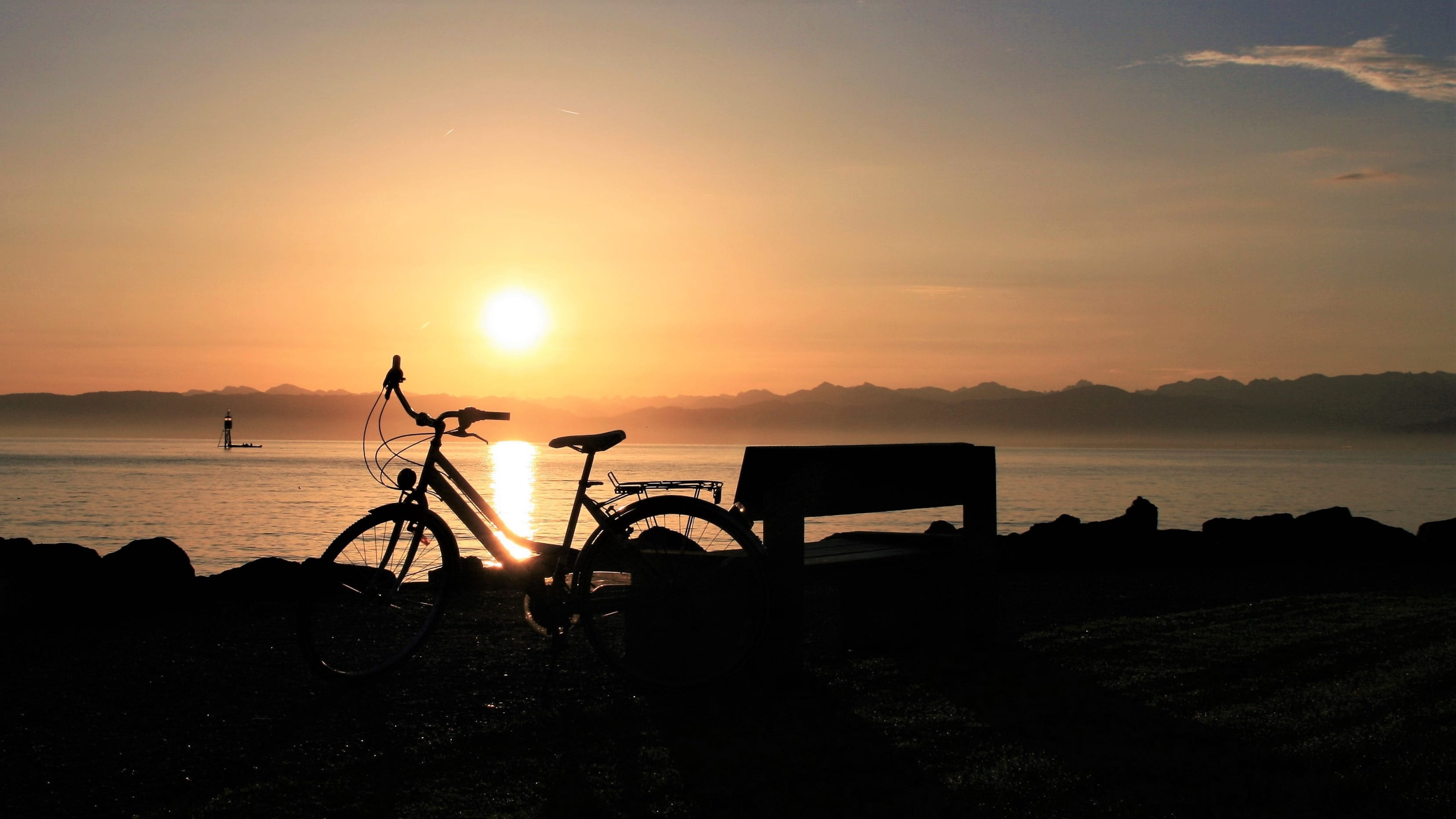 bicycle, rocks, beauty in nature, lake, glow, monolithic part of the waters, morning, switzerland, bike, beach, transportation, bodensee, park, sun, at the court of, HD Wallpaper