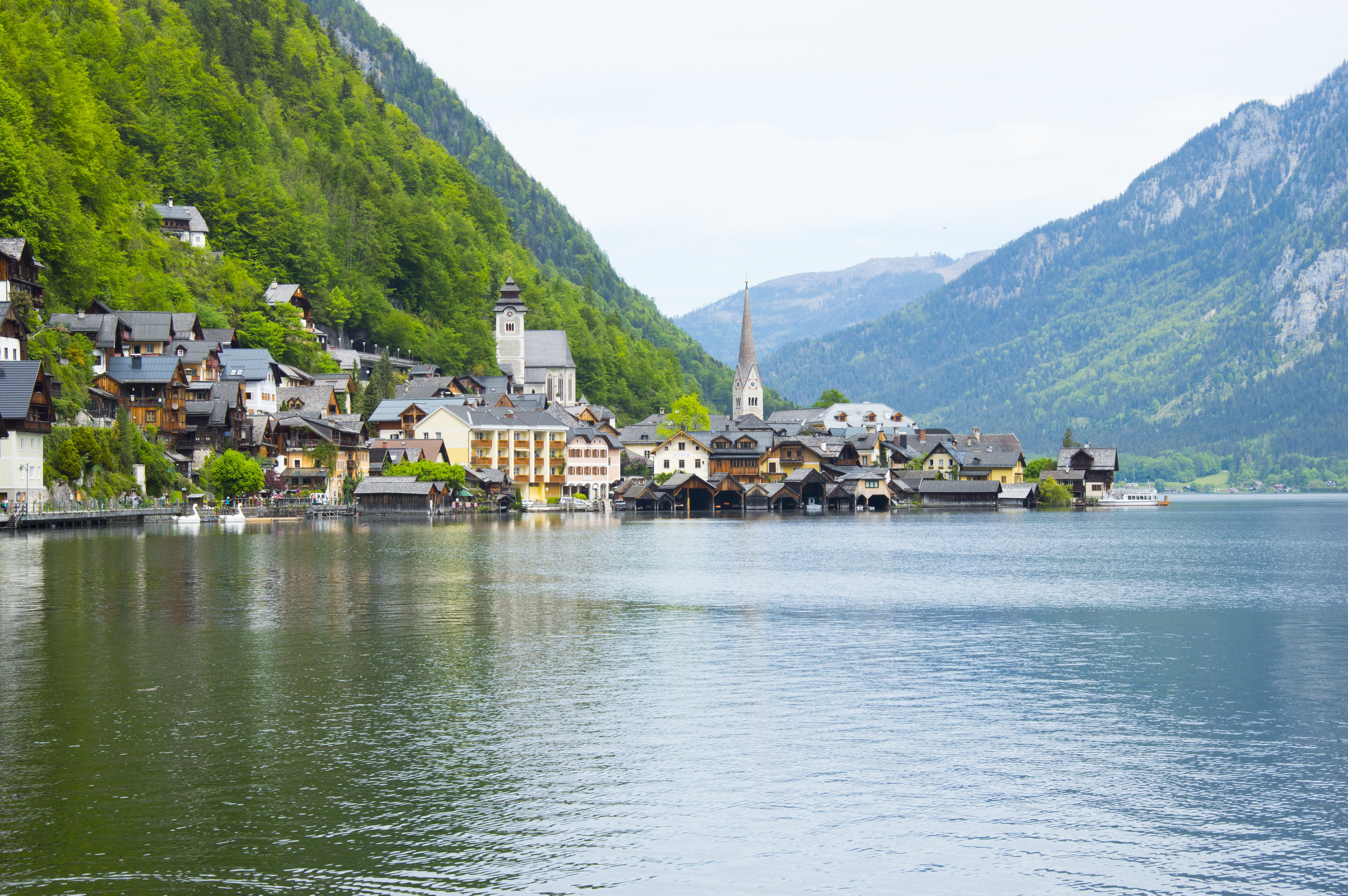 day, village, Austria, outdoors, sky, architecture, mountain, nature, 5K, building exterior, tree, house, no people, waterfront, built structure, building, HD Wallpaper