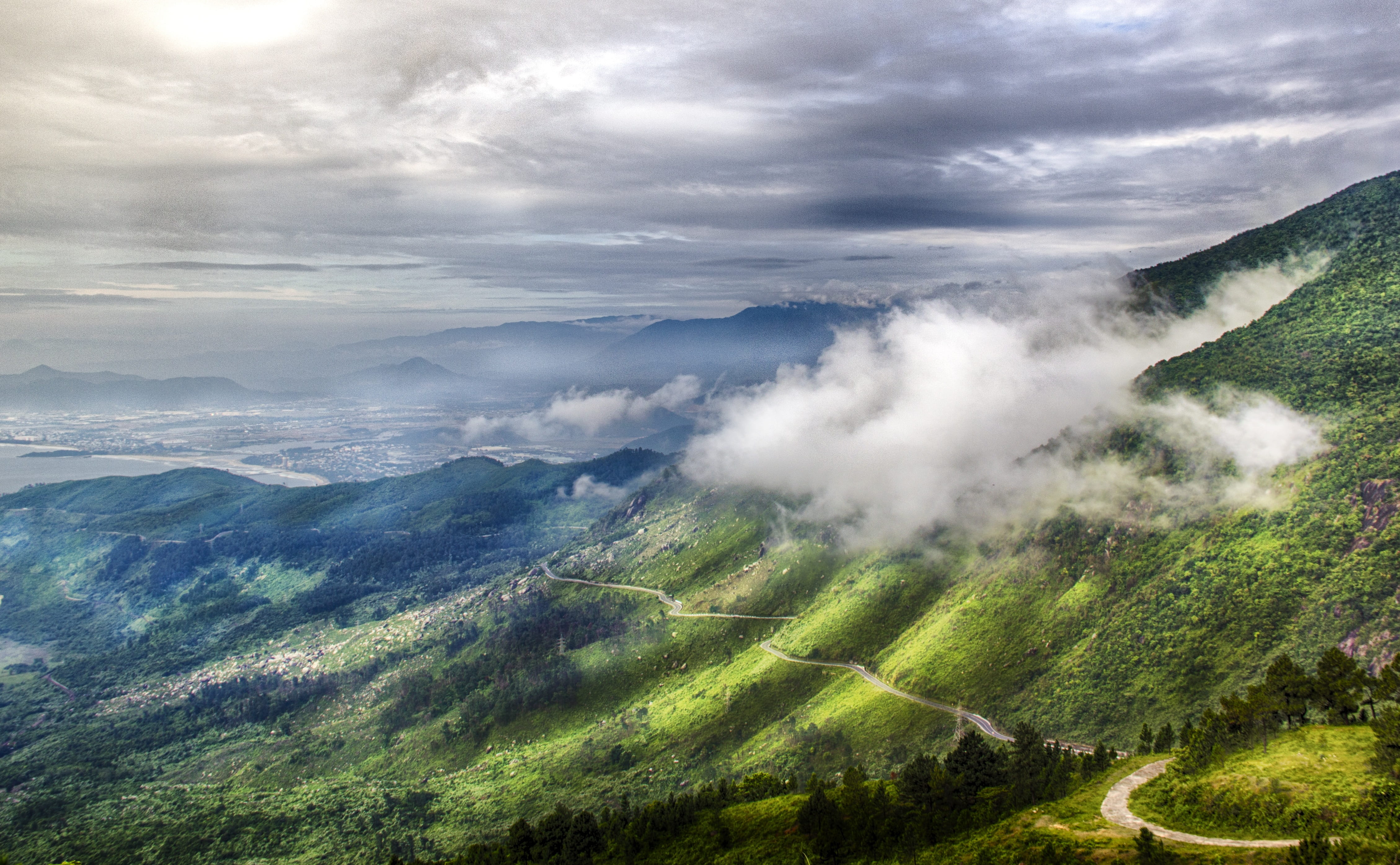 aerial, landscape, sunshine, tranquility, scenery, hill, the hai van pass, covered, nature, scenics - nature, two, road, sky, panoramic, land, mountain, HD Wallpaper
