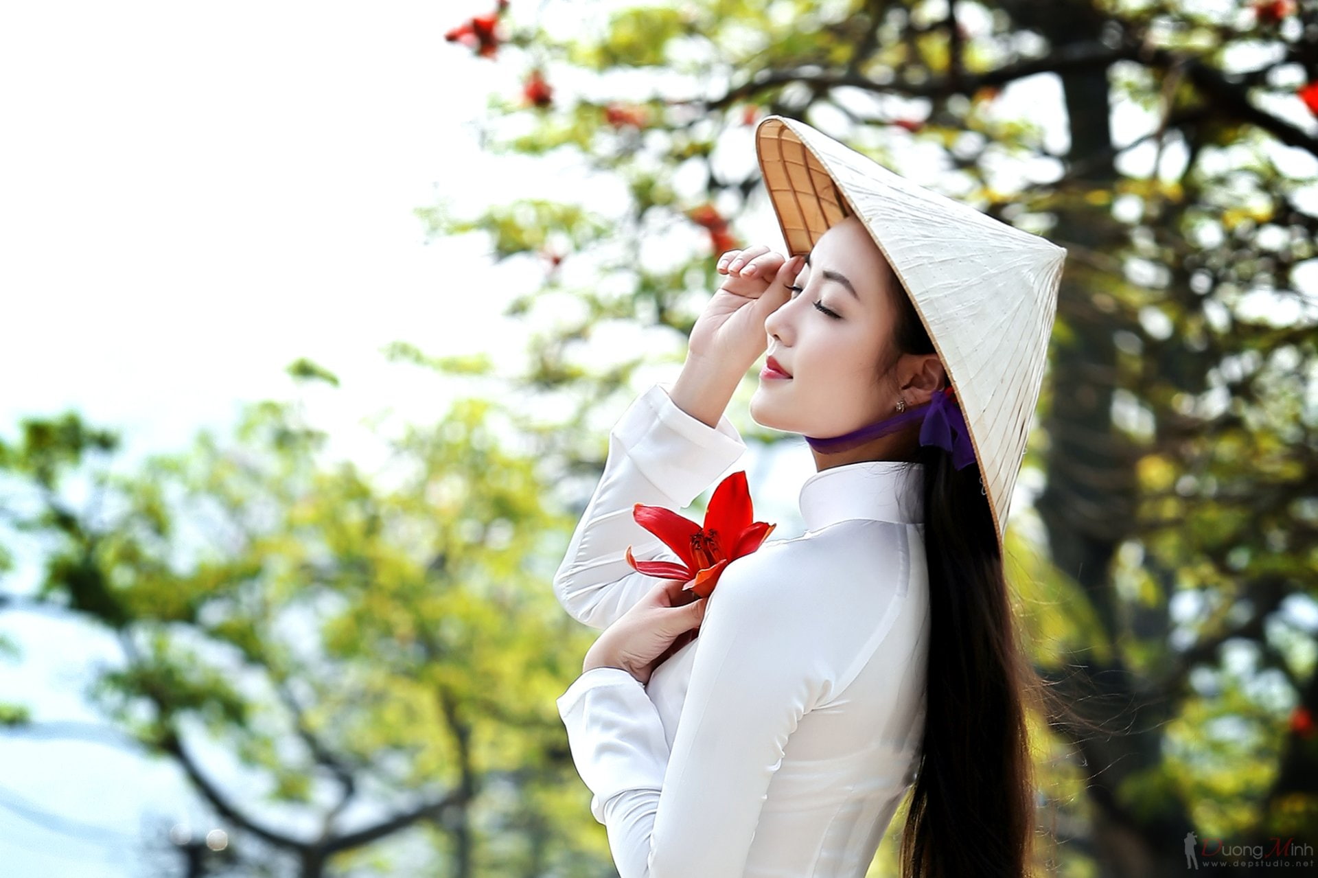Bokeh, Ao Dai, Vietnamese, Women, Girl, Mood, Flower, Asian, 1080P, Asian Conical Hat, HD Wallpaper