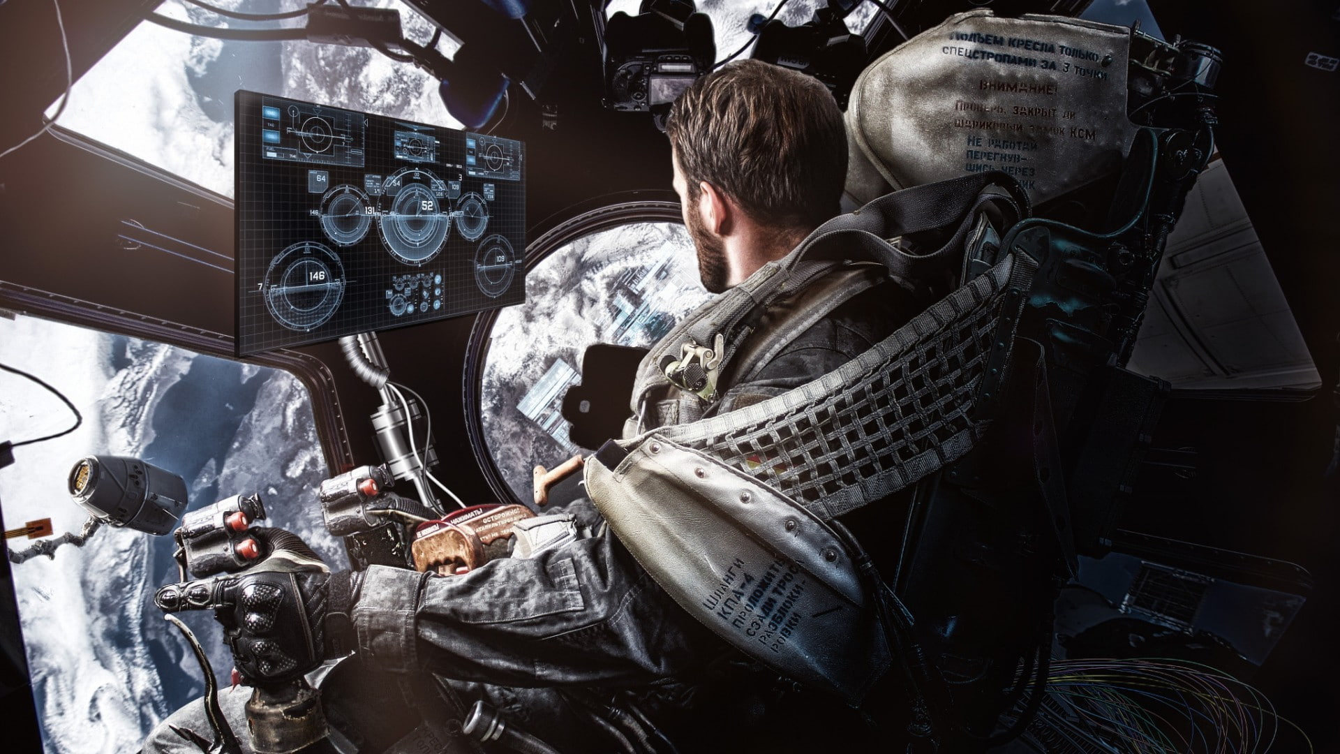 astronaut, men, 1080P, artwork, futuristic, digital art, space station, Cyrillic, cockpit, pilot, HD Wallpaper