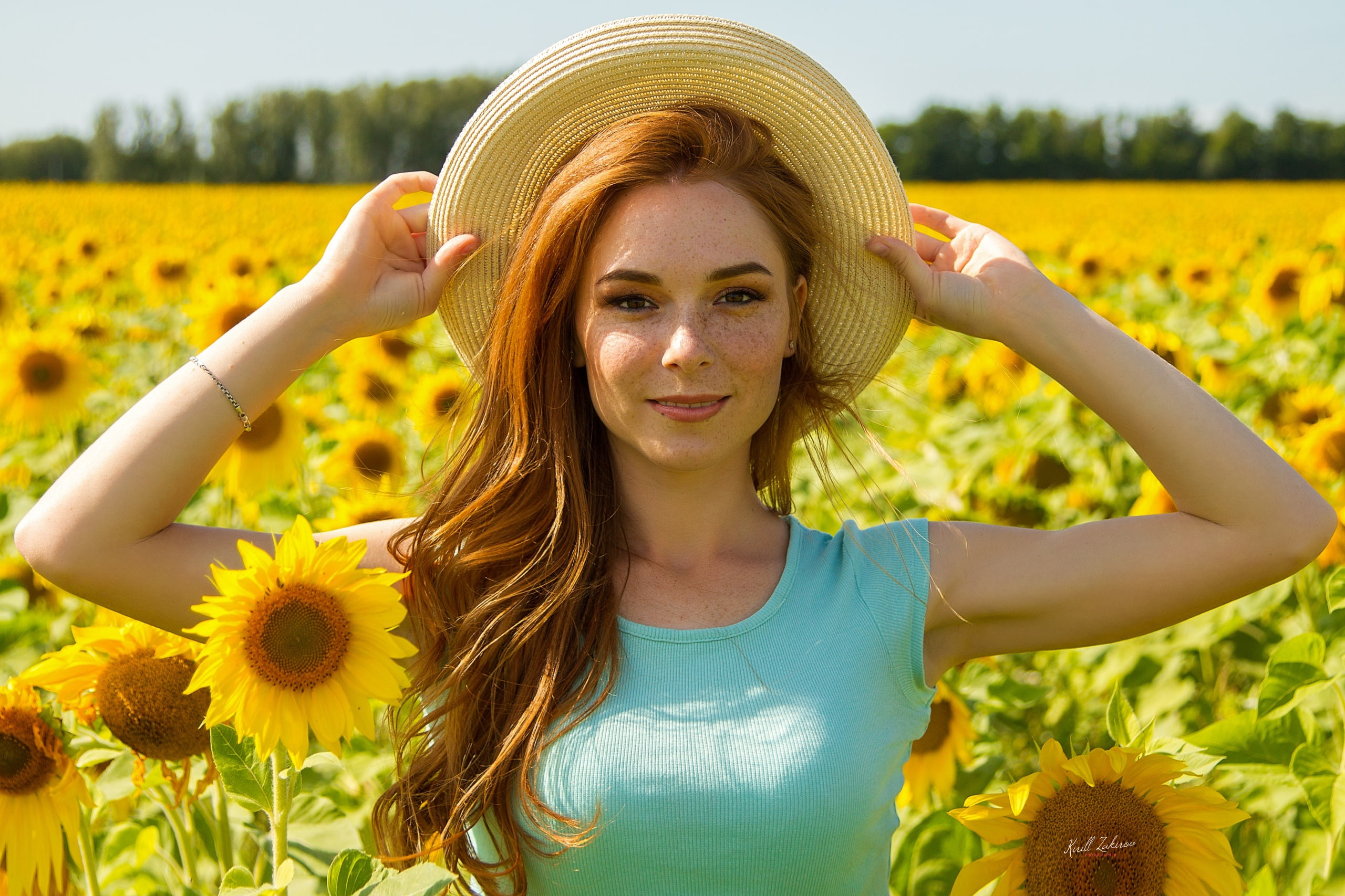 sunflowers, face, look, hands, redhead, hair, 2K, hat, field, mood, Alina Nureyev, freckled, girl, freckles, red, summer, Cyril Zakirov, HD Wallpaper
