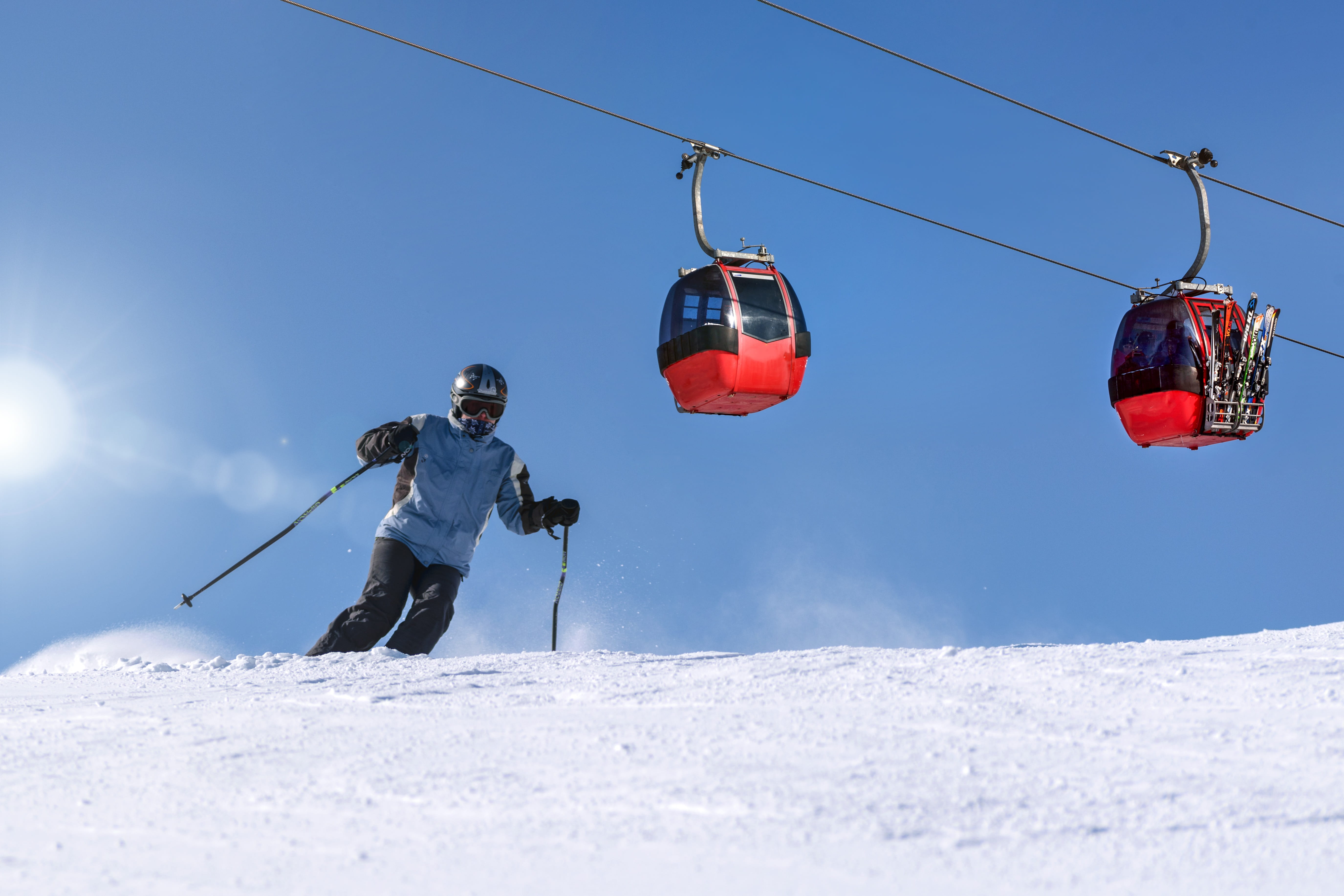 the sun, fun, mountain, sky, ski slope, adventure, cart, clear sky, full length, snowboarding, leisure activity, skis, route, mountains, ski resort, biel, HD Wallpaper