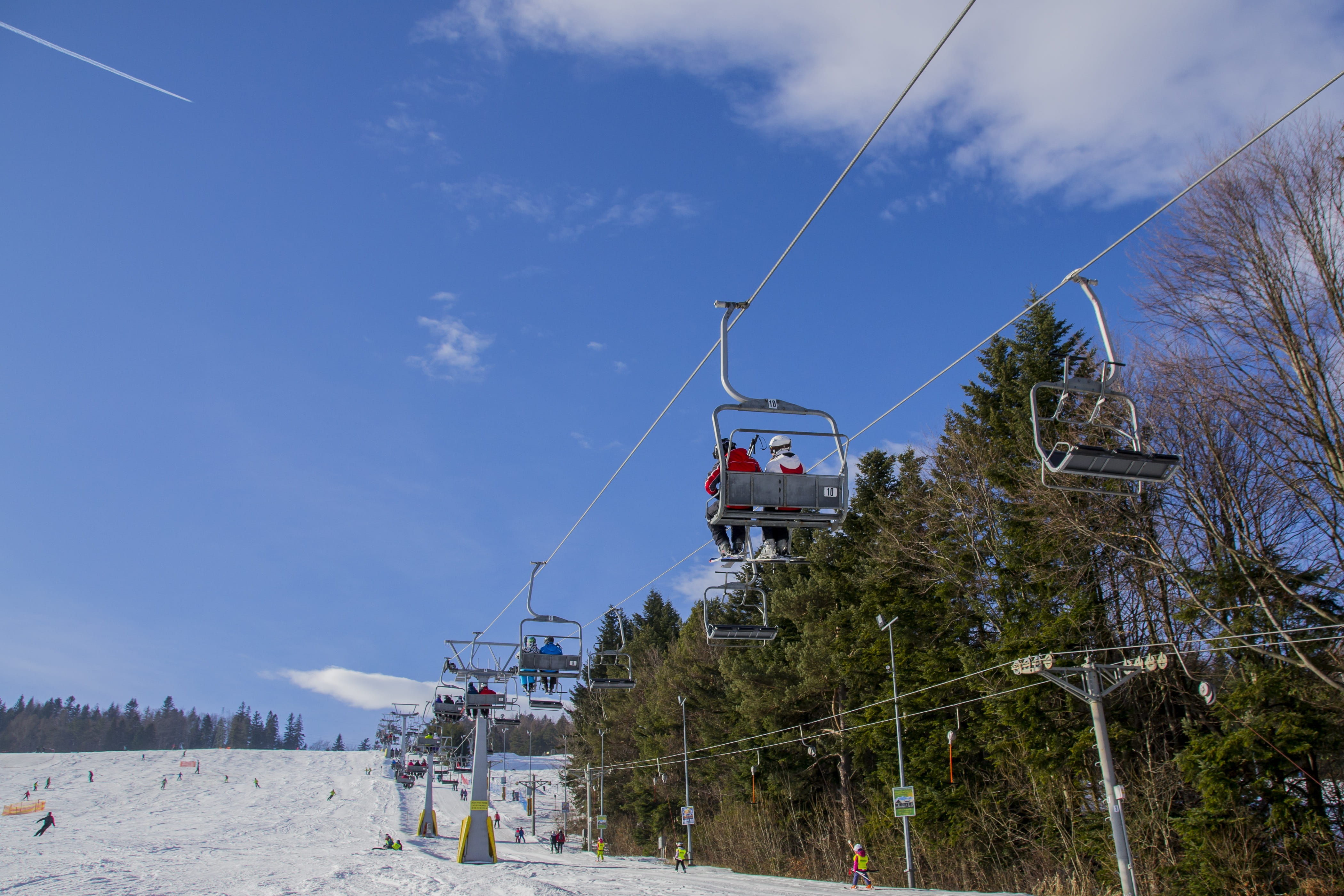 sunny day, day, nature, skis, cold temperature, cable car, incidental people, plant, outdoors, lift chair, land, krynica mountain, ferie, winter, blue, HD Wallpaper