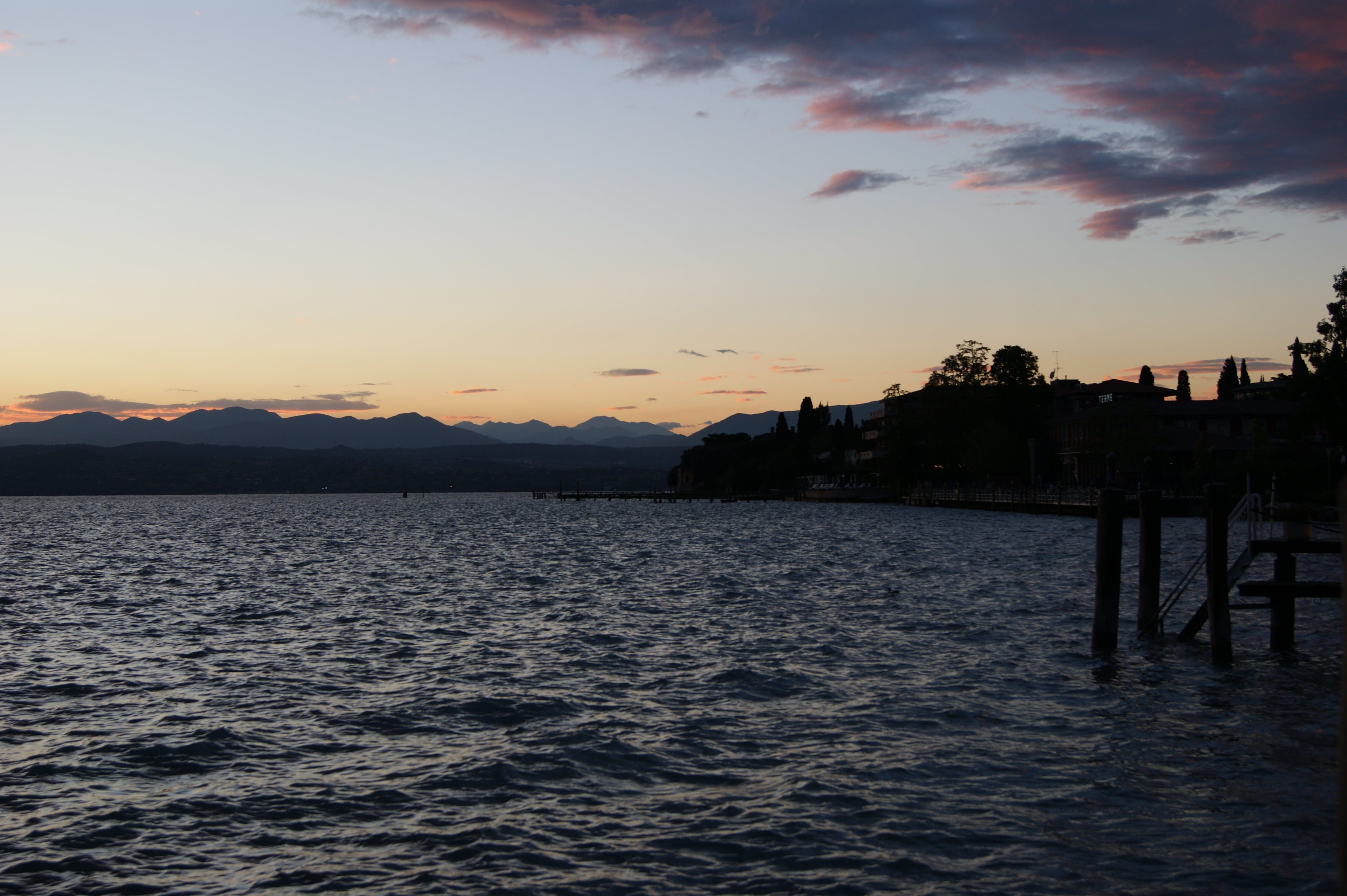 4K, tranquil scene, sirmione, cloud - sky, tranquility, waterfront, scenics - nature, water, twilight, sky, beauty in nature, architecture, mountain, building exterior, HD Wallpaper