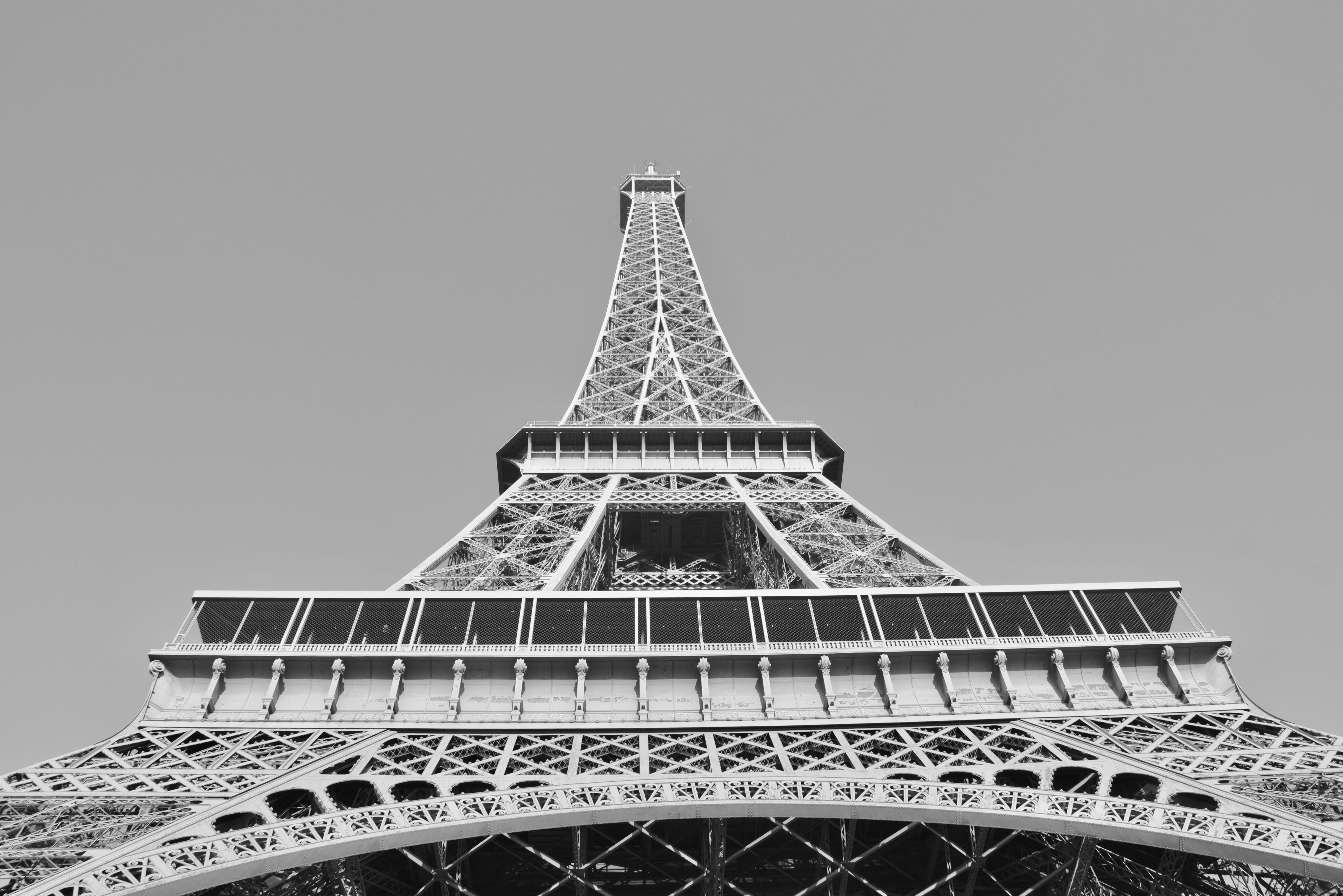 paris, built structure, black and white photo, paris france, 5K, travel destinations, iron - metal, clear sky, sky, city, heritage, no people, low angle view, HD Wallpaper