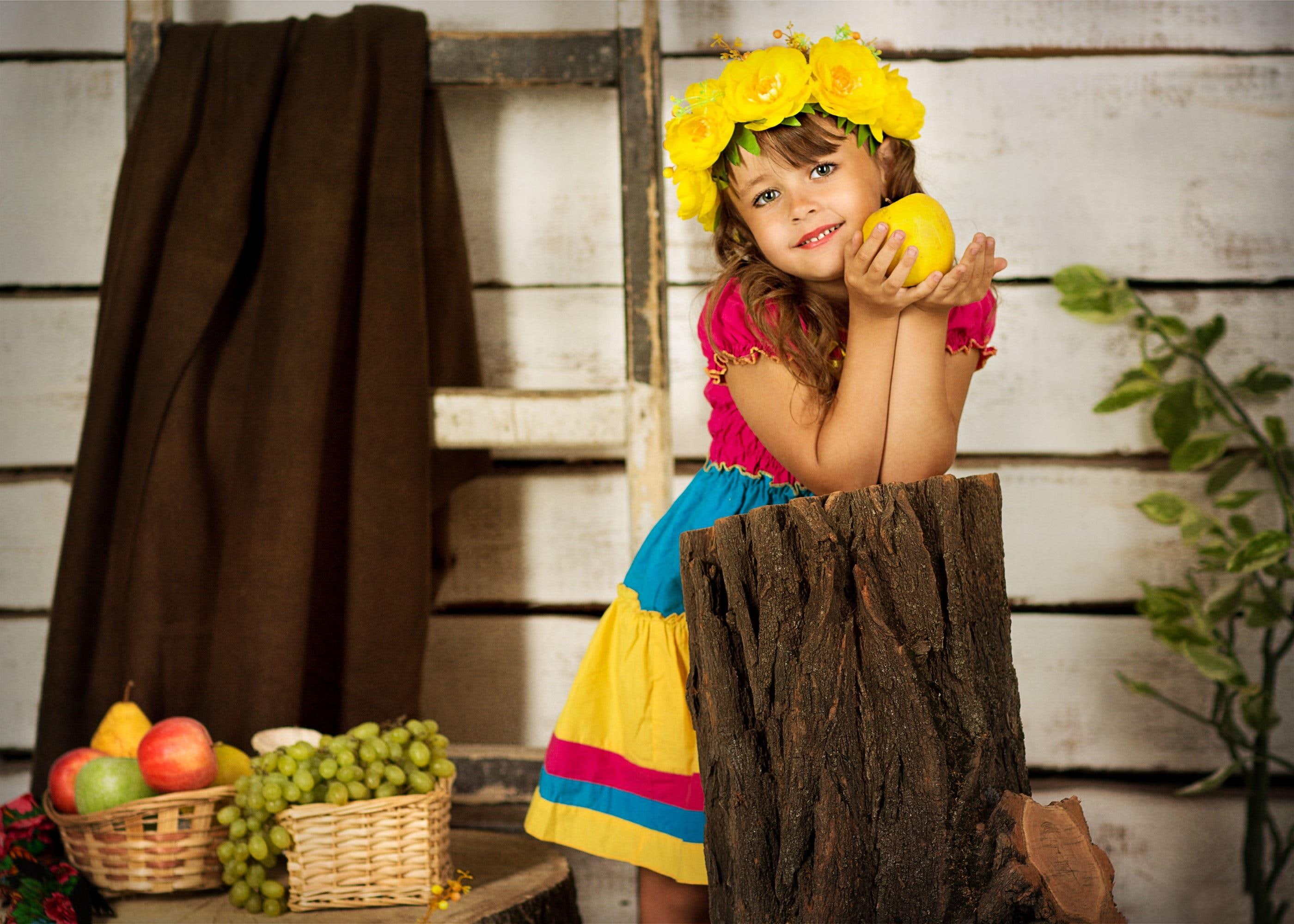 red, s, yellow, little, knee, length, 2K, model, flower, sleeve, kids, headdress, blue, puffed, people, dress, girl, HD Wallpaper