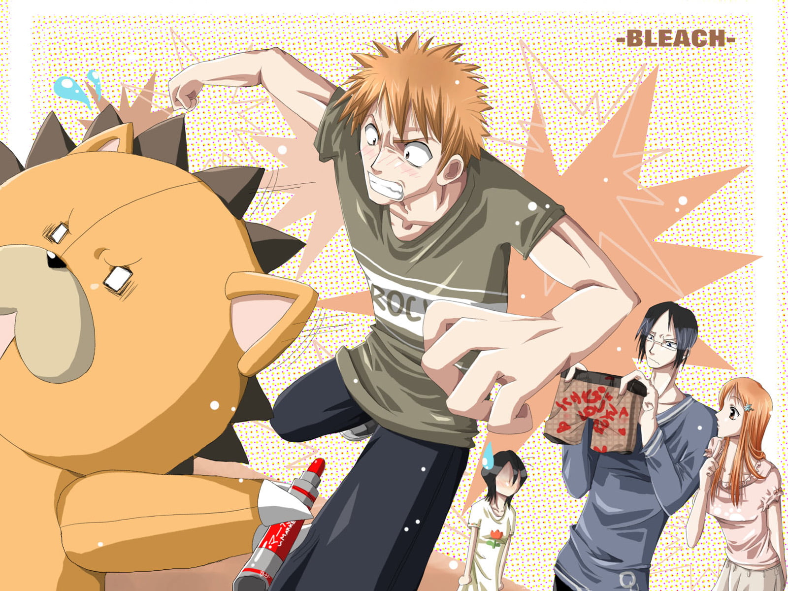 Ichigo Kurosaki, Orihime Inoue, Kon (Bleach), Bleach, Rukia Kuchiki, 720P, Uryu Ishida, HD Wallpaper