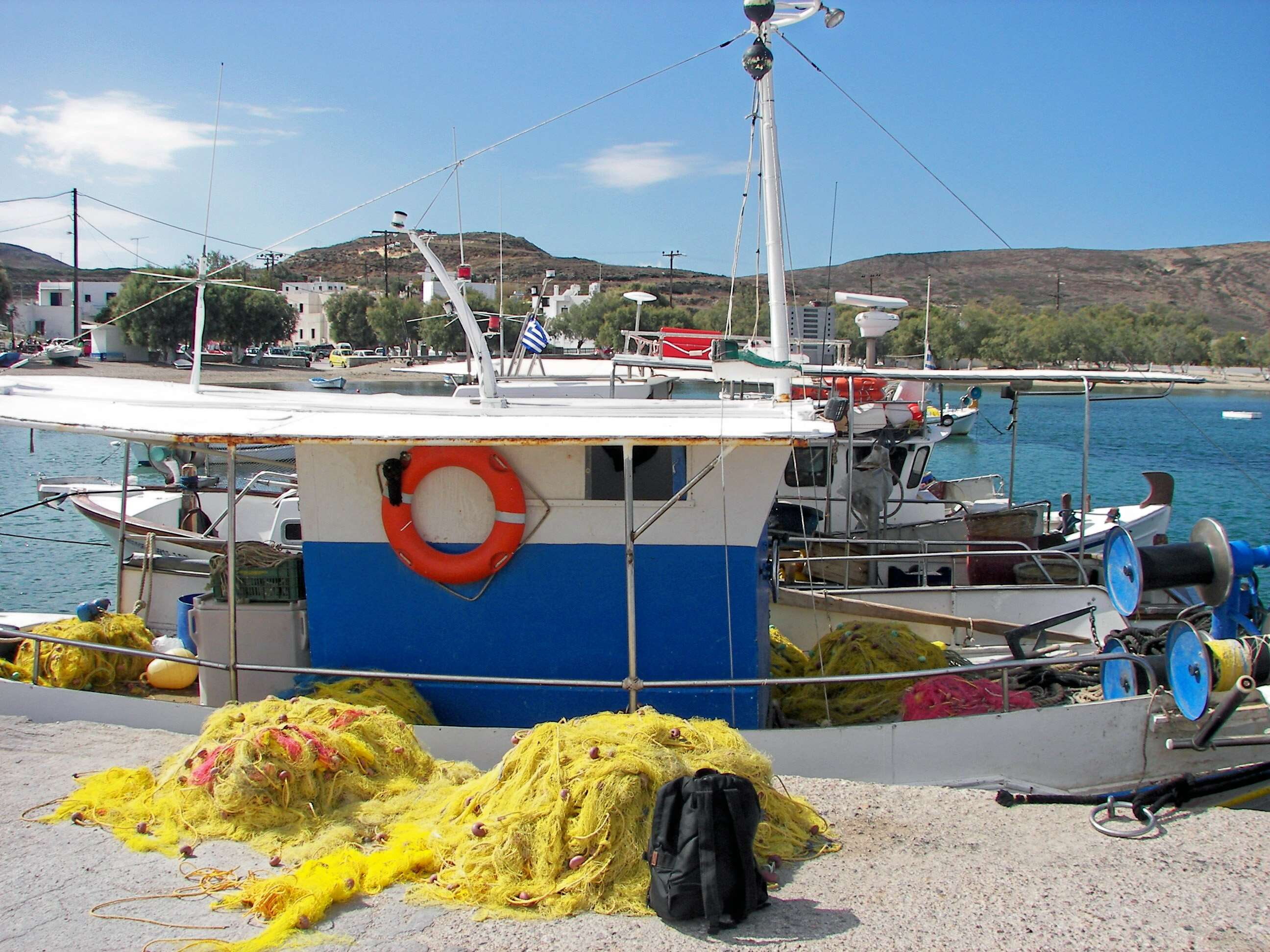 outdoors, mode of transportation, 2K, harbor, no people, beach, greece, milos, moored, fishing boat, fishing industry, egian sea, pier, sea, fishing, fishing net, HD Wallpaper