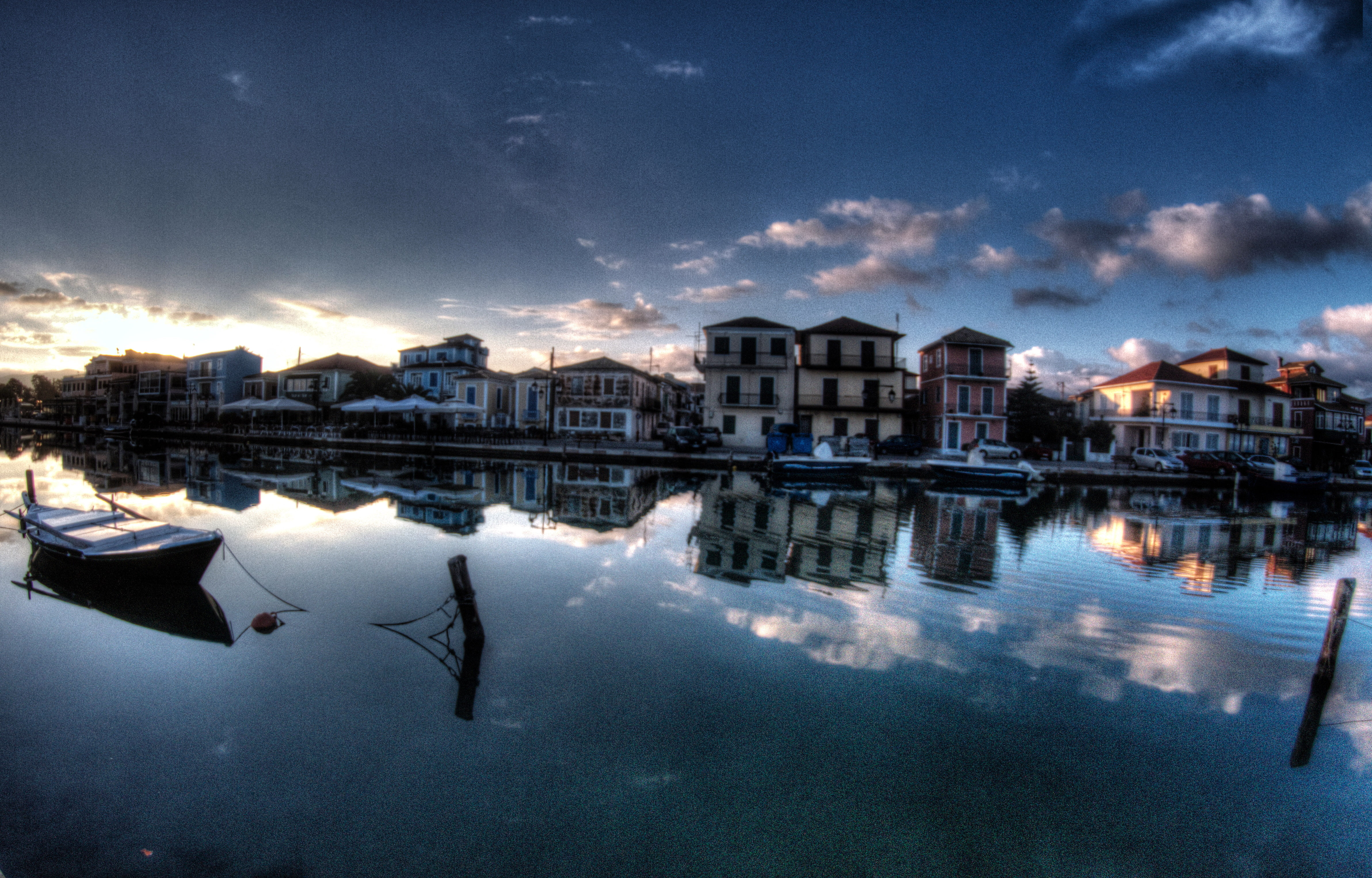 4K, famous Place, europe, body, house, architecture, reflection, beside, clouds, photography, blue, canal, Ελλάς, landscape photography, sunset, water, HD Wallpaper