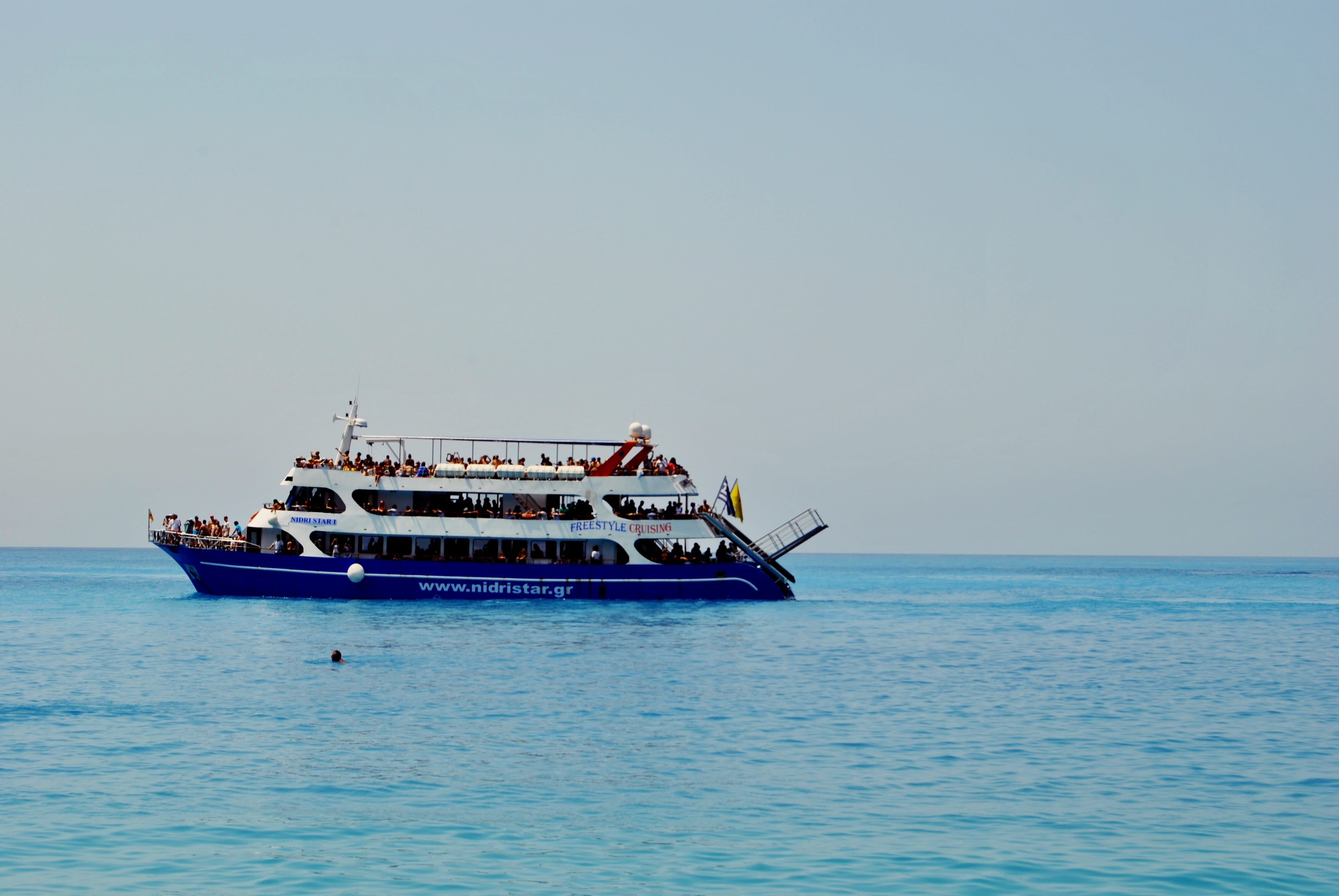 blue, tourism, mode of transportation, sailing, greek, Lefkada, sea, sky, anchored, travel, day, passenger craft, water, no people, Ionian Sea, horizon over water, HD Wallpaper