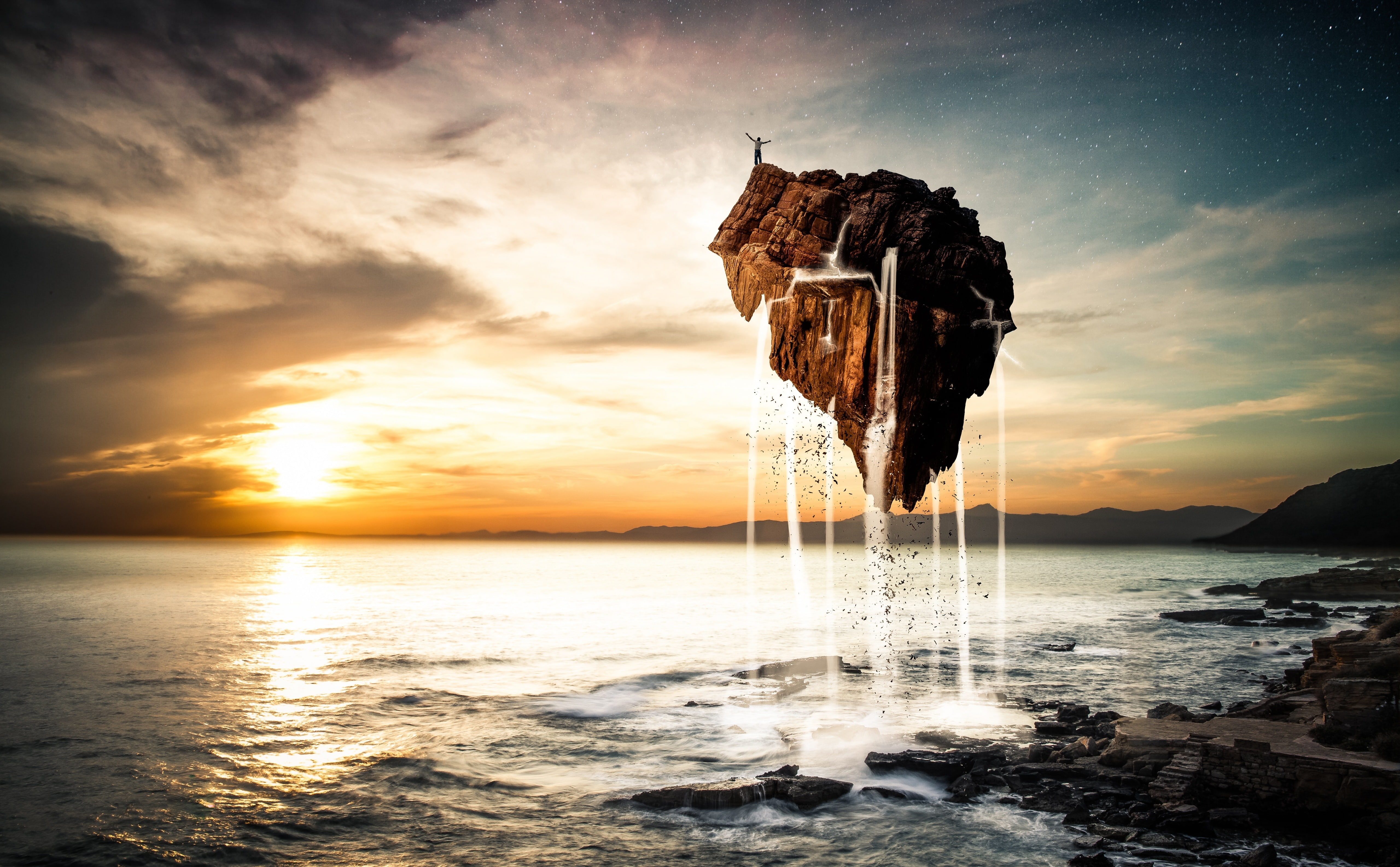 beach, majorca, tranquil scene, Rocks, sea, scenics - nature, Floating, outdoors, canon, breaking, sky, orange color, hd, Stars, sun, waterfront, Photoshop, HD Wallpaper