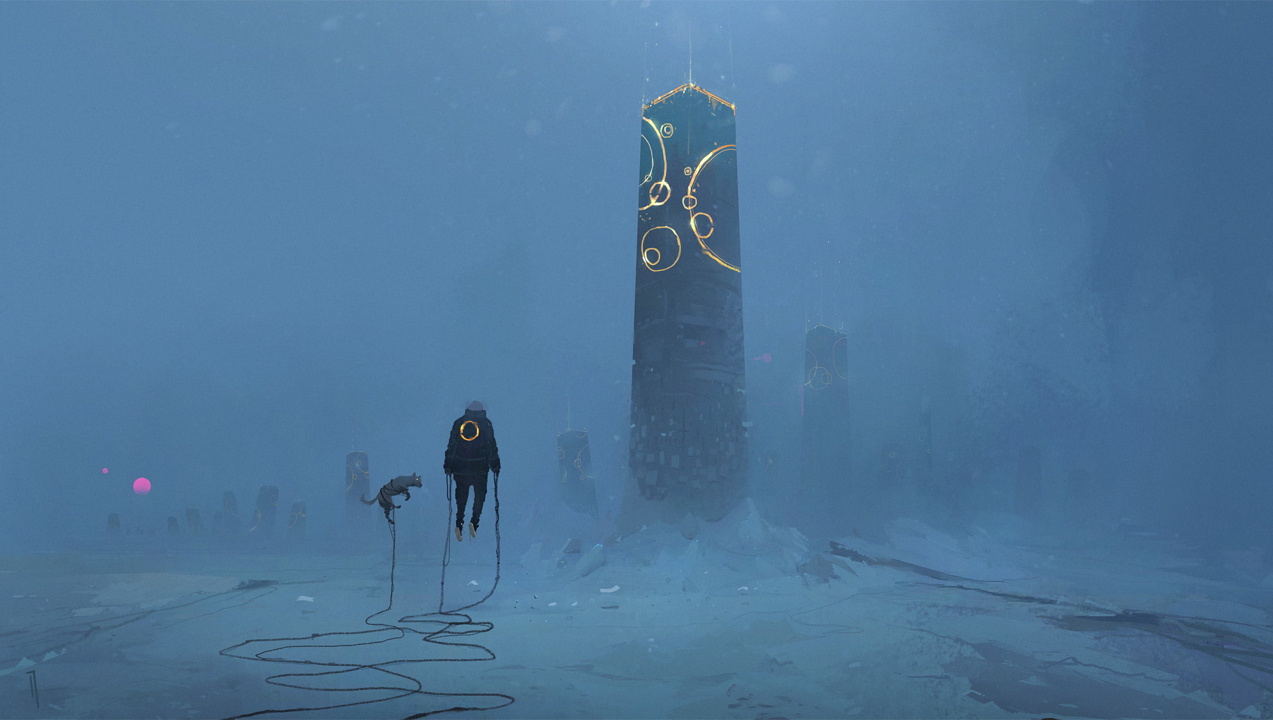 Monolith, Cable, science fiction, Gravity, environment, digital art, dog, snow, cyberpunk, 1080P, HD Wallpaper