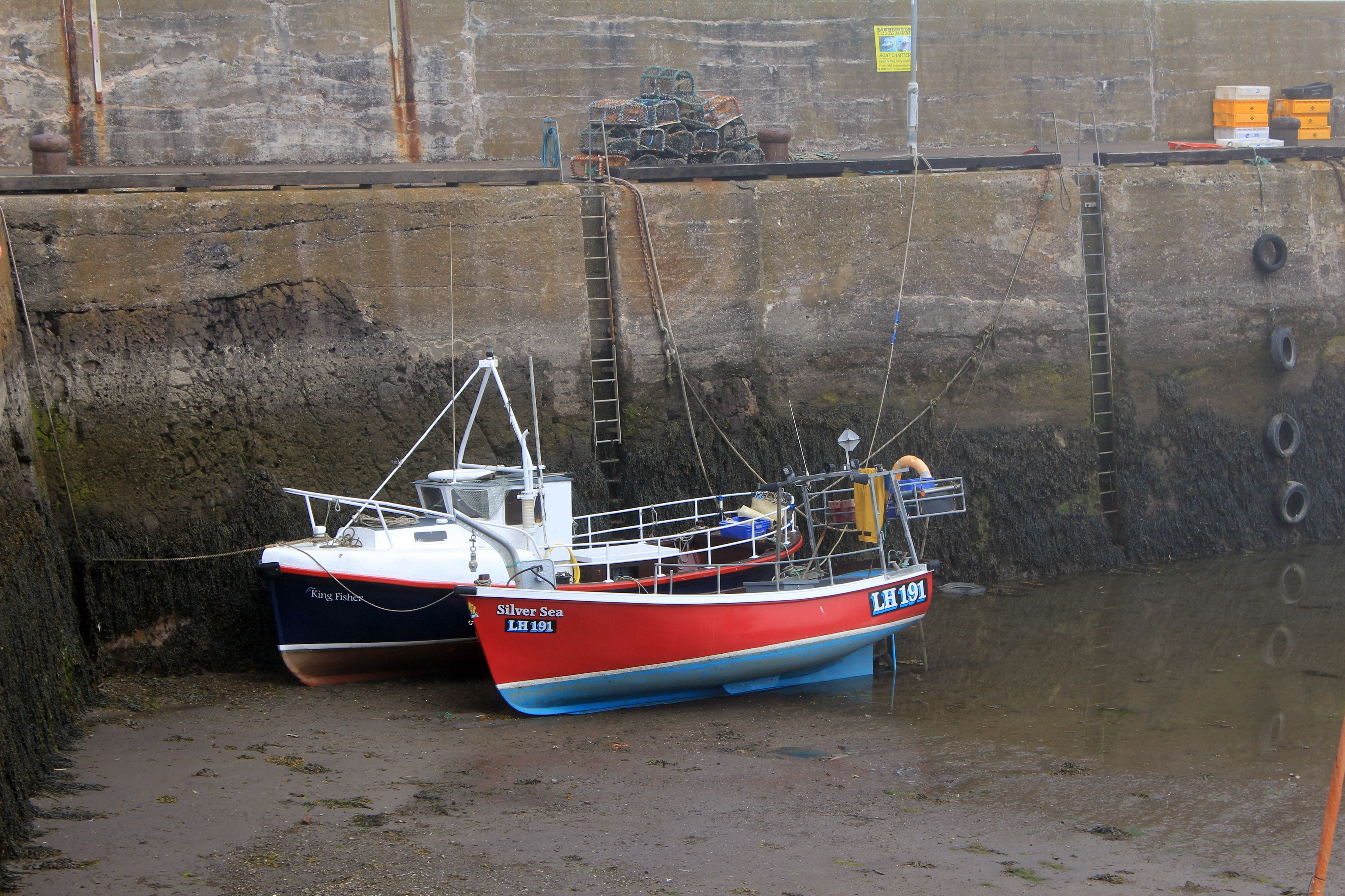 fishing boat, creel pots, nautical, water, fishing village, port, moored, boats, transportation, crab fishing, tied up, beach, seafaring, mooring, tethered, HD Wallpaper