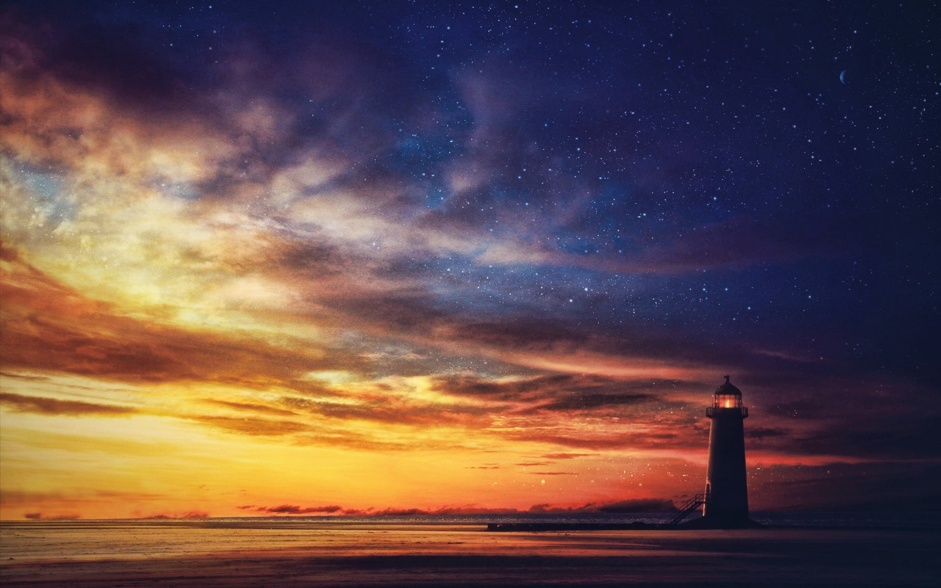 water, scenics - nature, no people, lighthouse, sunset, horizon, sea, architecture, building exterior, 1080P, nature, digital art, sunrise, tower, star - space, HD Wallpaper