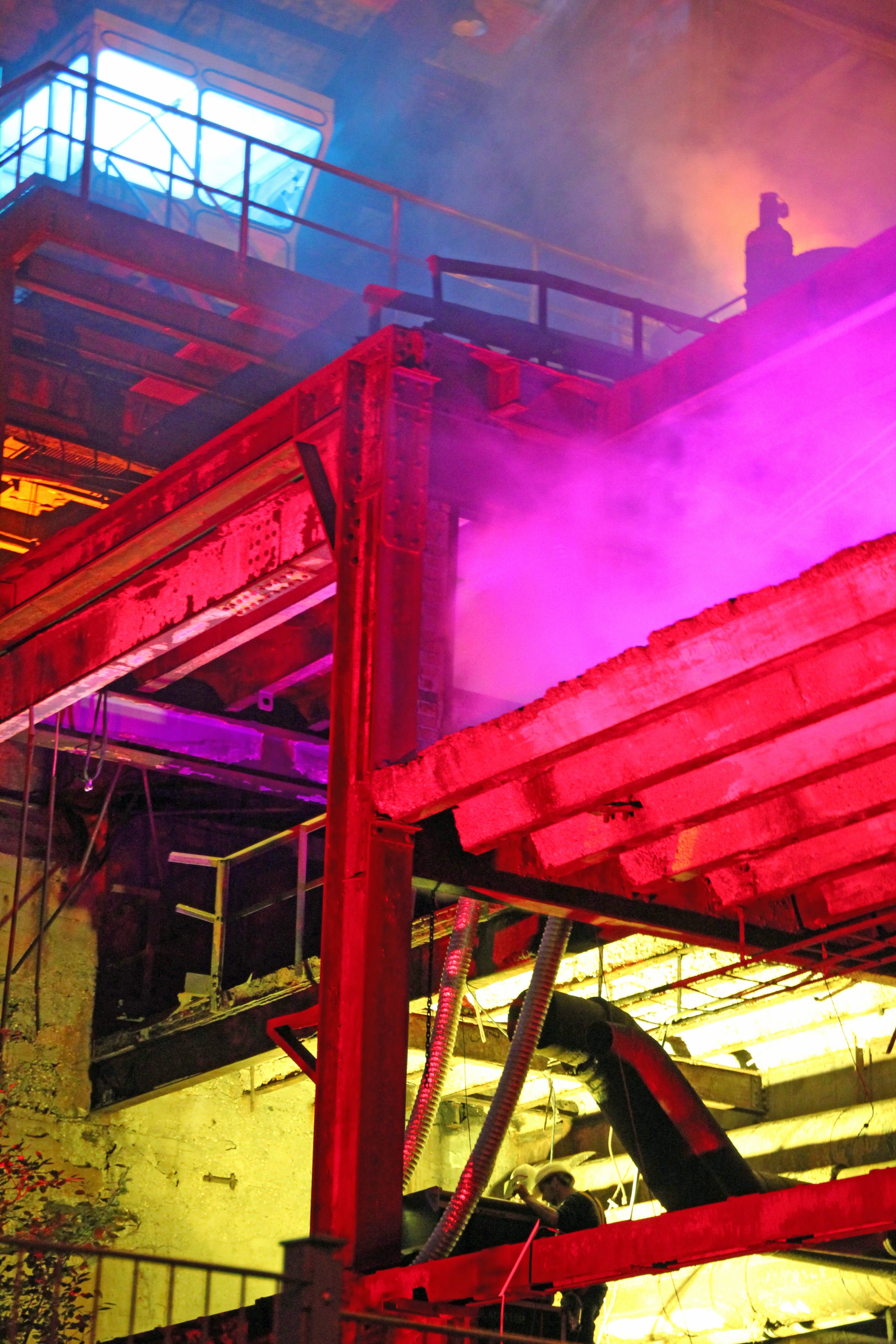 gray, colorful, abandoned, day, sunset, nature, sky, factory, architecture, low angle view, mouth guard, building exterior, connection, neon, fog, purple, Phone HD Wallpaper