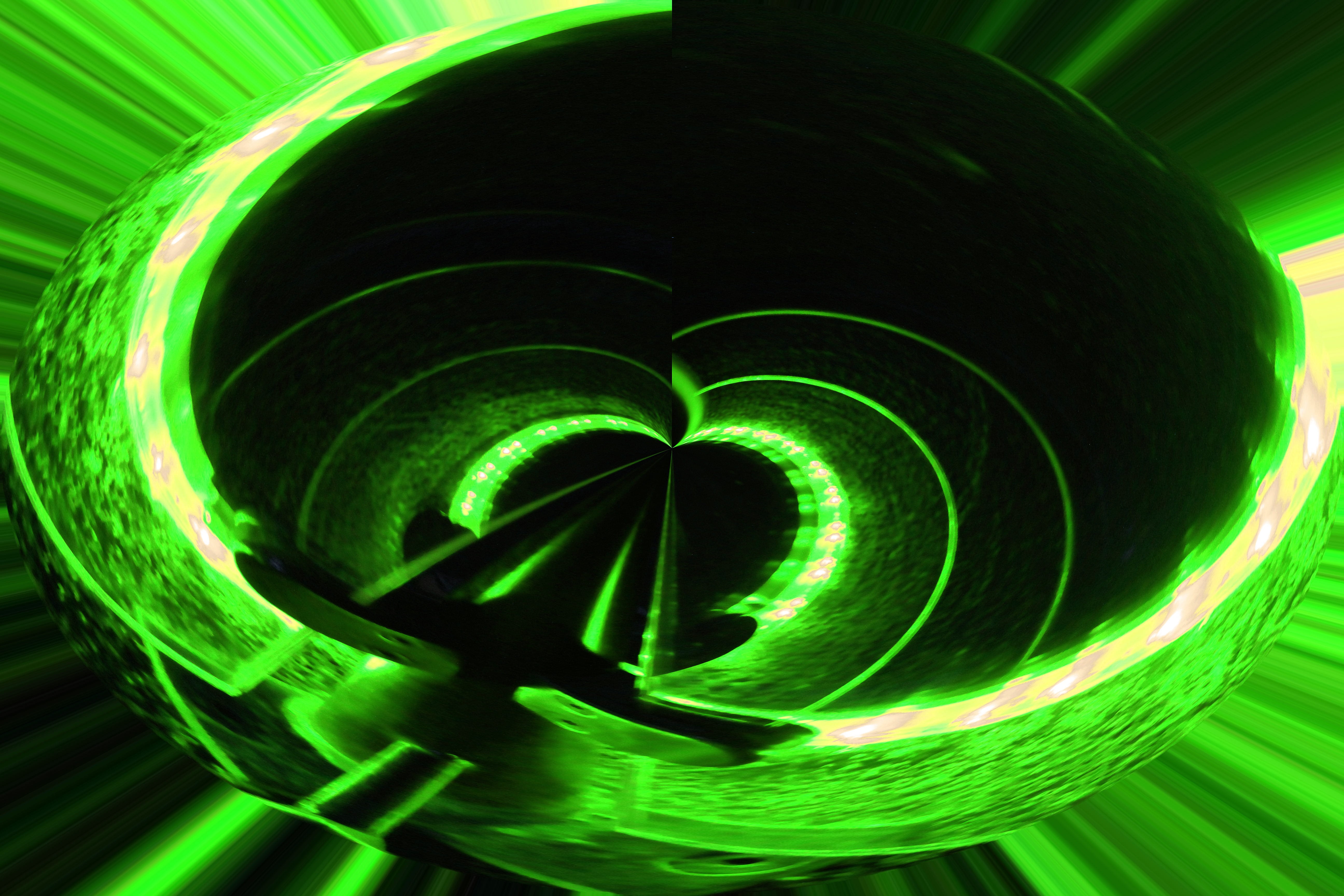 laser, illuminated, glowing, psychedelic, half circle, strips, 5K, night, circle, black background, space, long exposure, spinning, motion, abstract, green, HD Wallpaper