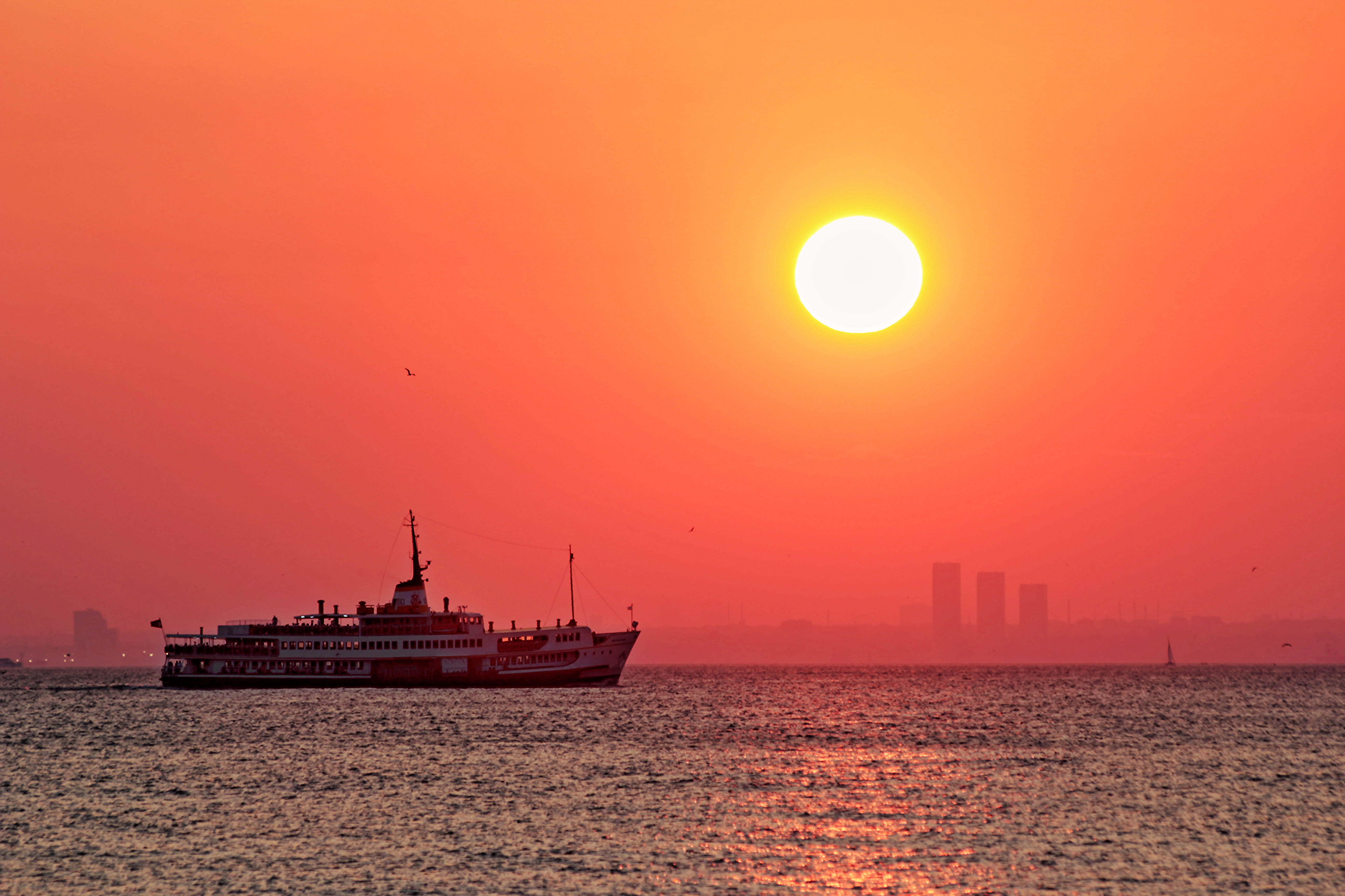 sky, urban skyline, beauty in nature, no people, steamship, orange color, water, bosphorus, nature, mode of transportation, istanbul, architecture, ship, HD Wallpaper