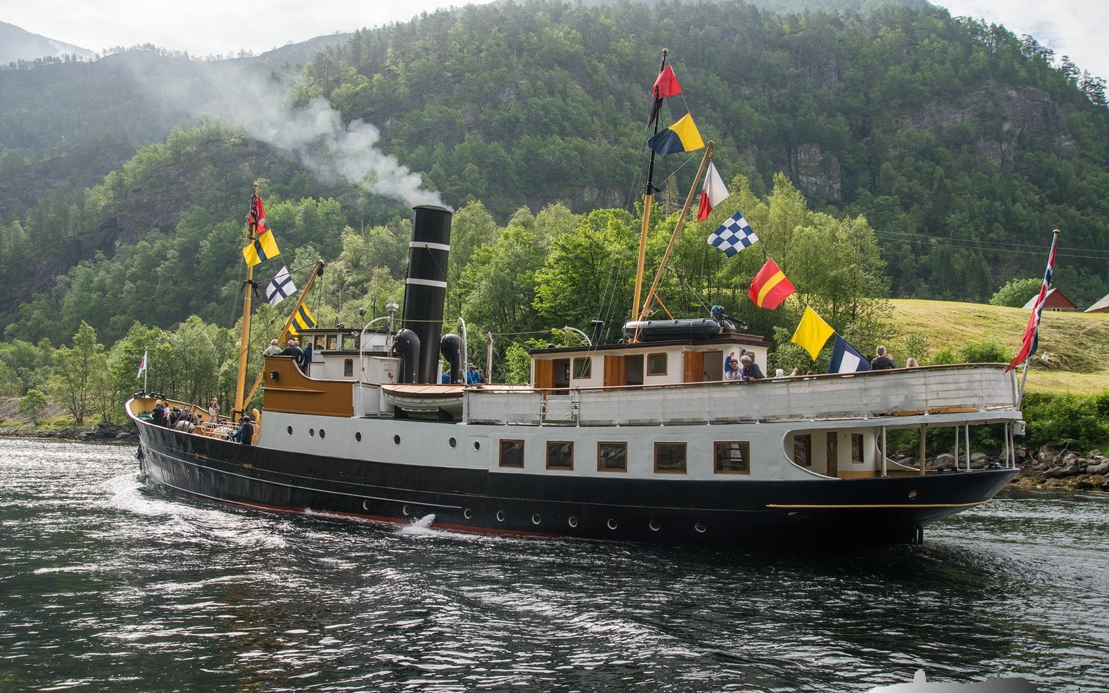 flag, sailing, 720P, travel, lake, ferry, Steamship, hills, group of people, plant, river, nautical vessel, motion, ship, water, nature, outdoors, waterfront, HD Wallpaper
