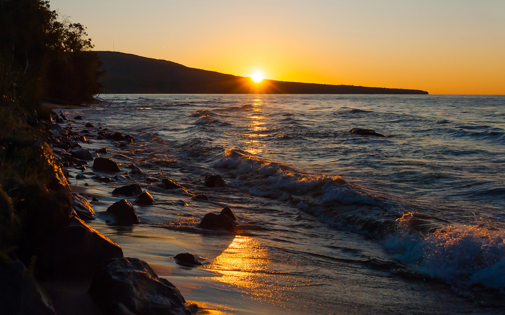 1080P, ocean, hd, sunset, stones, beach, rocks, nature, HD Wallpaper