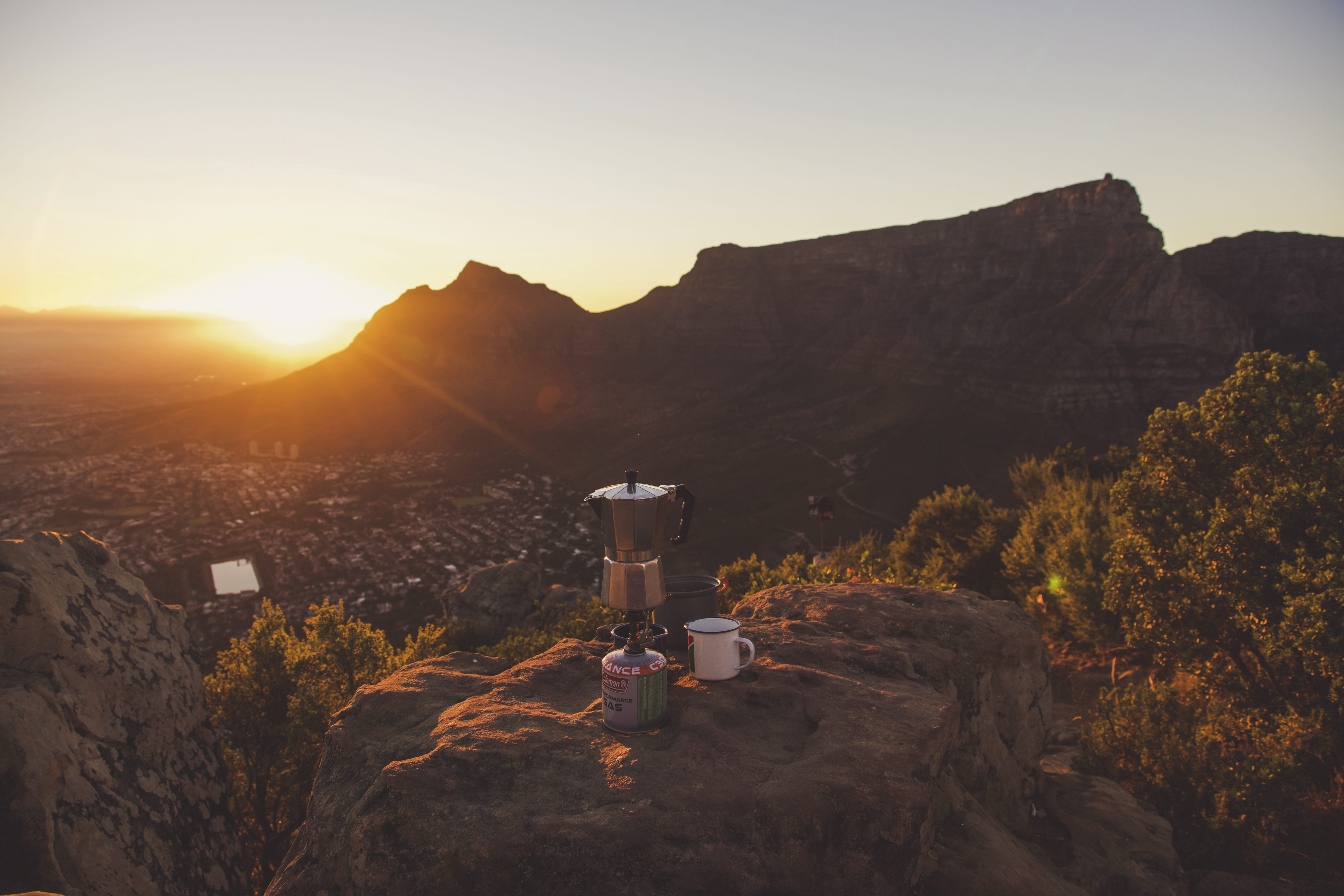 sunlight, city, nature, espresso, coffee, rock, tree, no people, top, canister, pots, outdoors, plant, valley, gas, building, built structure, mountain, HD Wallpaper