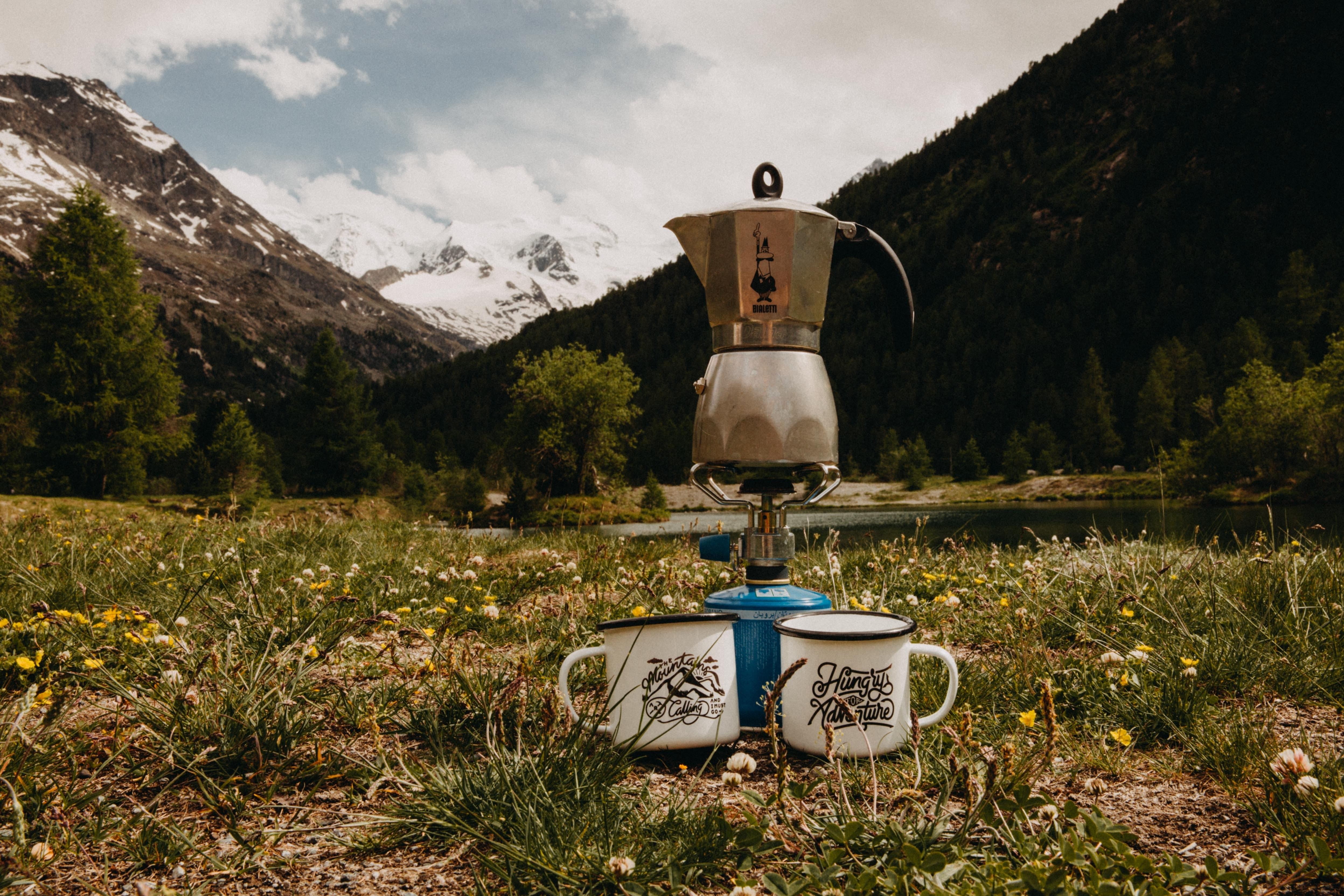growth, grass, bialetti, day, wilderness, plant, snowcapped mountain, white, land, mug, gray, switzerland, field, camp, two, mountain range, summer, pot, HD Wallpaper