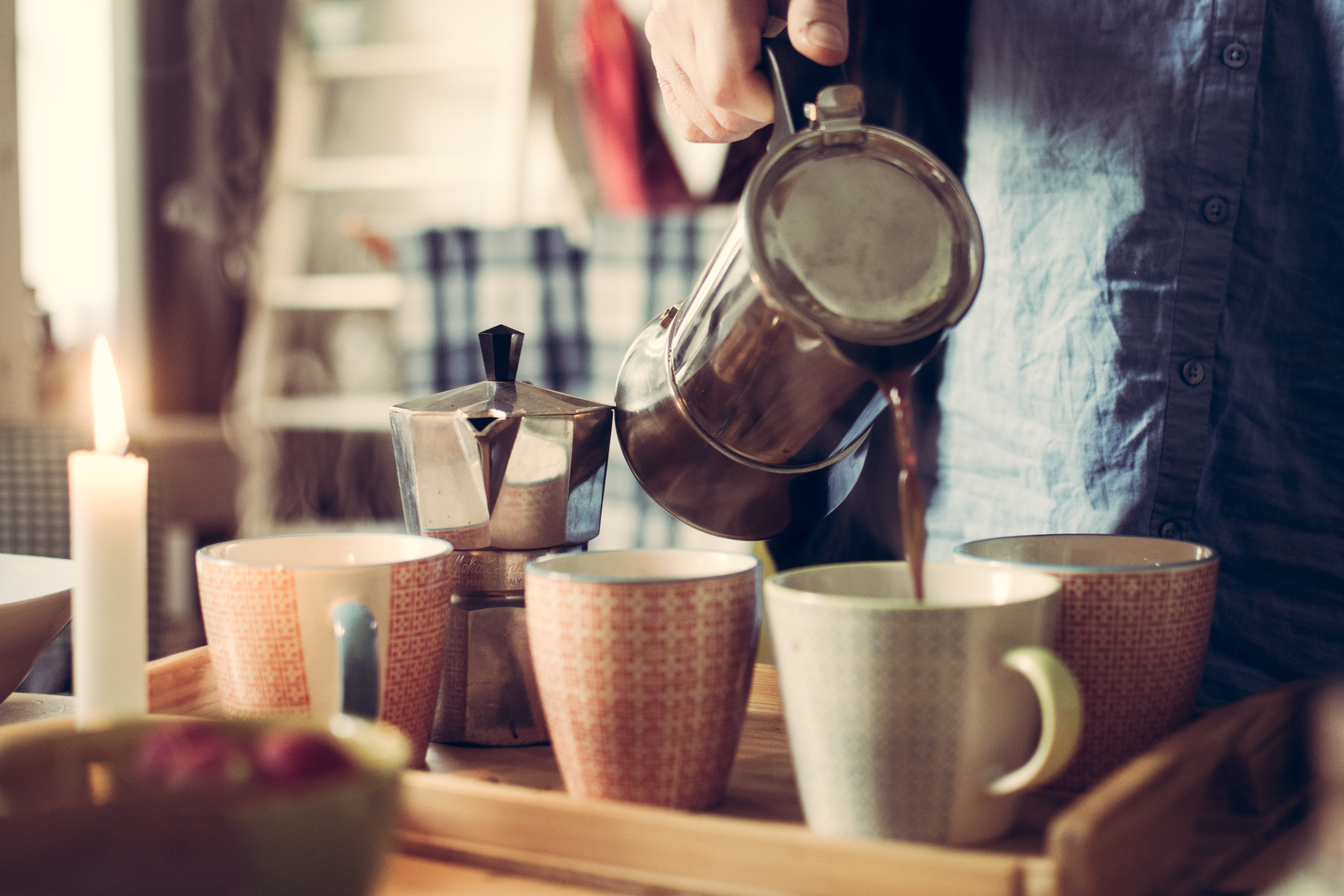 refreshment, person, steam, coffee shop, table, morning, 5K, beside, cafe, moka, white, cups, tea pot, focus on foreground, cup, coffee cup, hot drink, HD Wallpaper