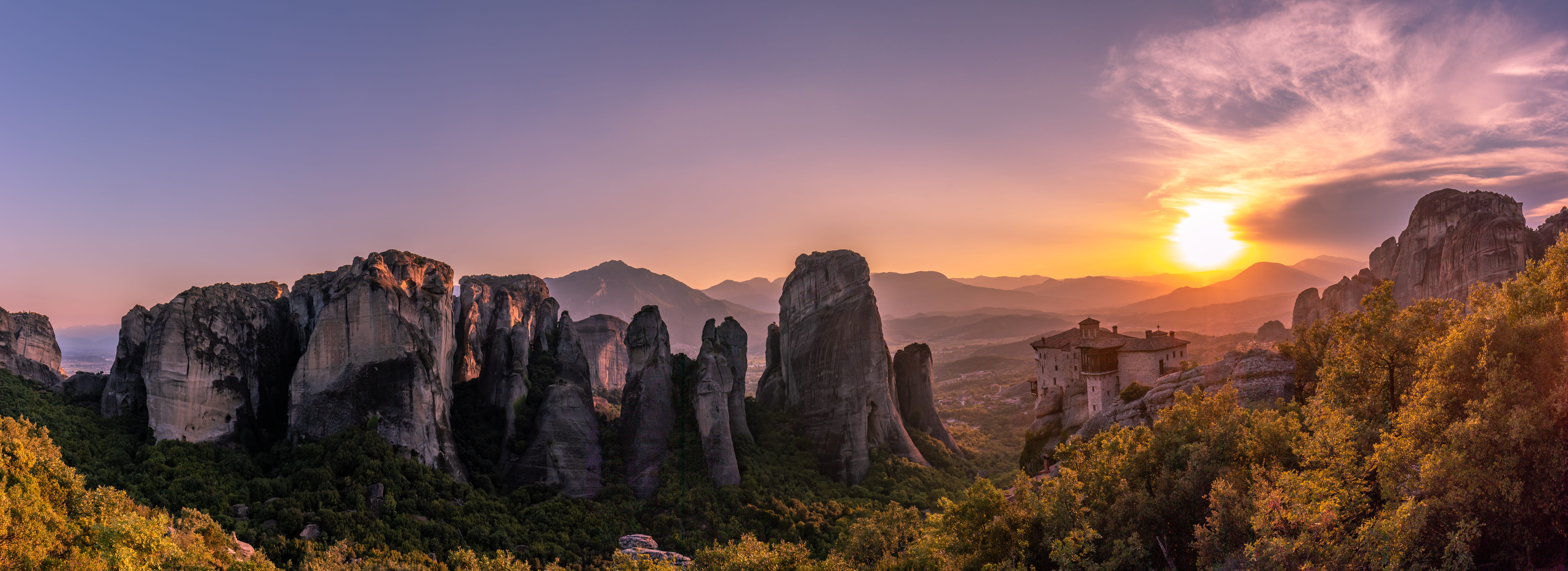 countryside, outdoors, coniferous tree, rock, travel destinations, yellow, kalampaka, beauty in nature, mountain, land, mountain peak, sunset, sunlight, HD Wallpaper