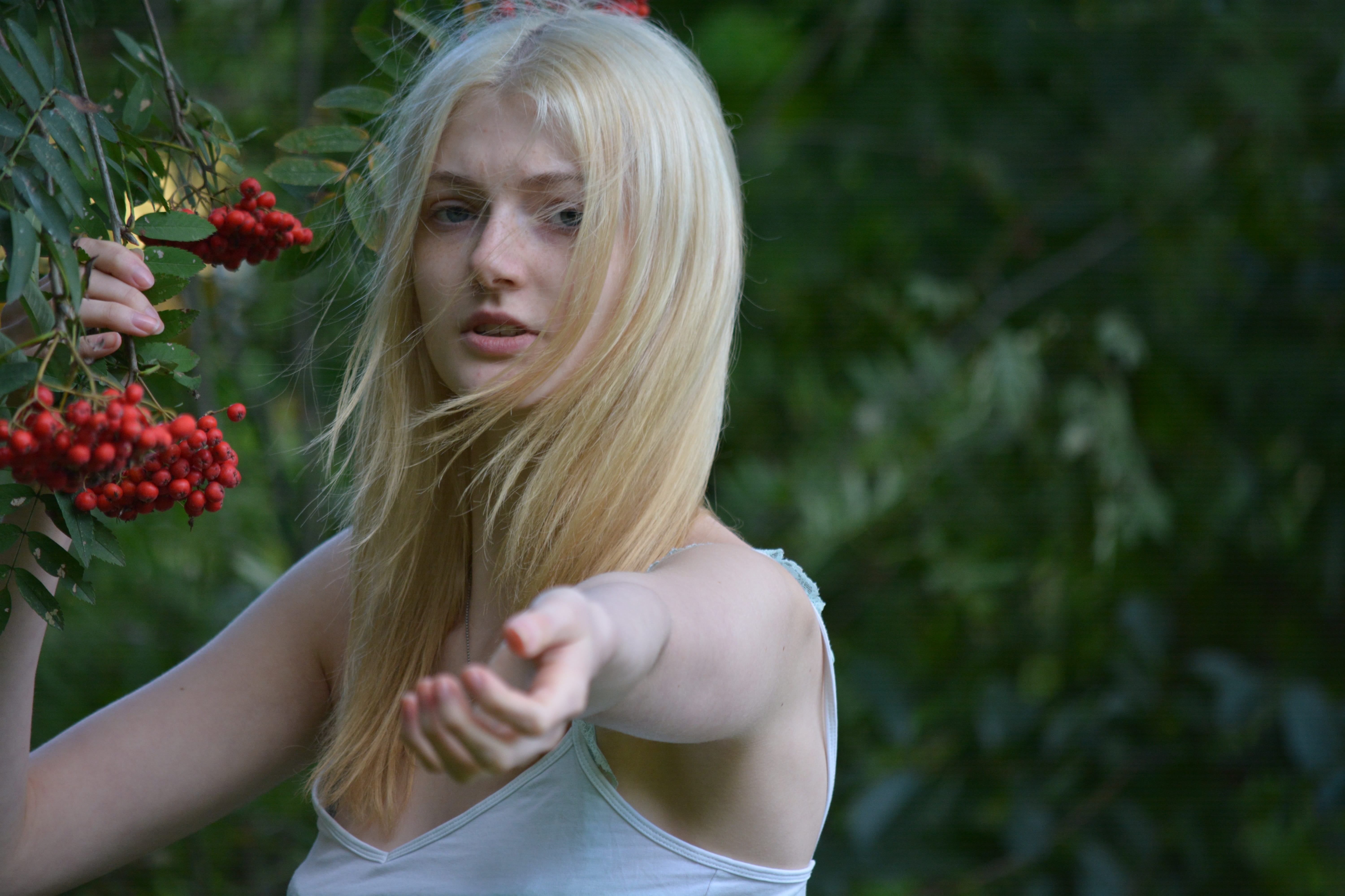 wearing, young woman, red, model, plant, berry fruit, nature, right, portrait, spaghetti, feminine, long hair, left, fruit, young, white, reaching, woman, HD Wallpaper