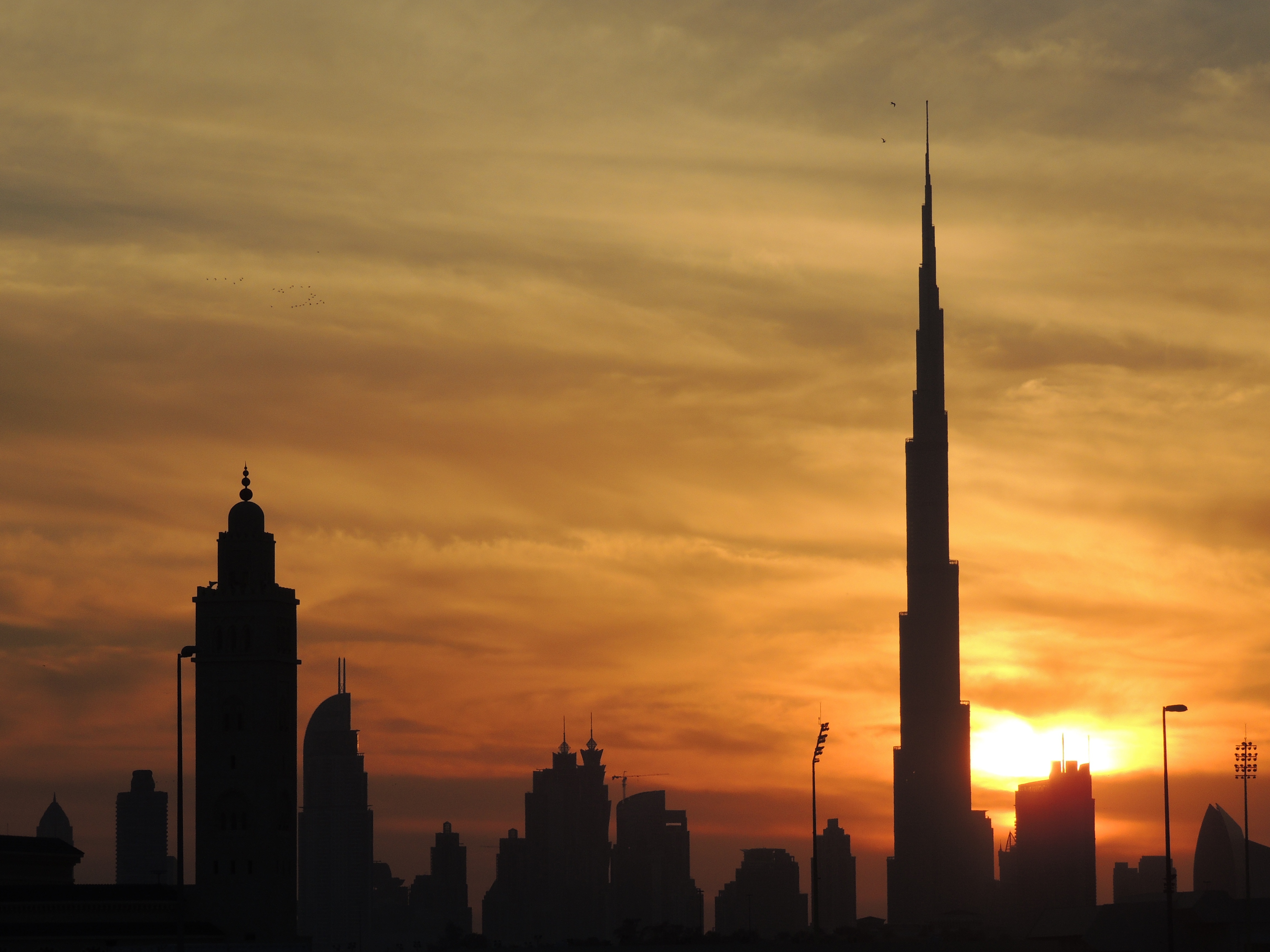 silhouette, uae, cloud - sky, nature, spire, landmark, landscape, middle, architecture, burj khalifa, no people, burj, orange color, arab, building exterior, HD Wallpaper