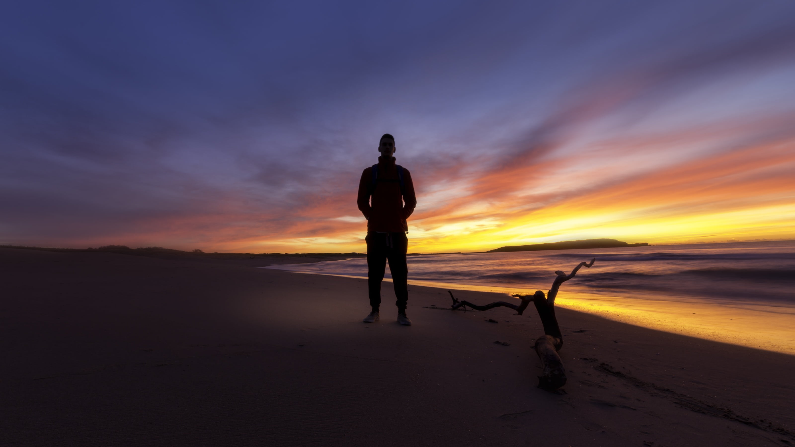 one person, rear view, person, lifestyles, 2K, sun, land, sand, sea, ocean, adults only, sky, beach, dawn, cloud - sky, silhouette, light, outdoors, tranquil scene, HD Wallpaper