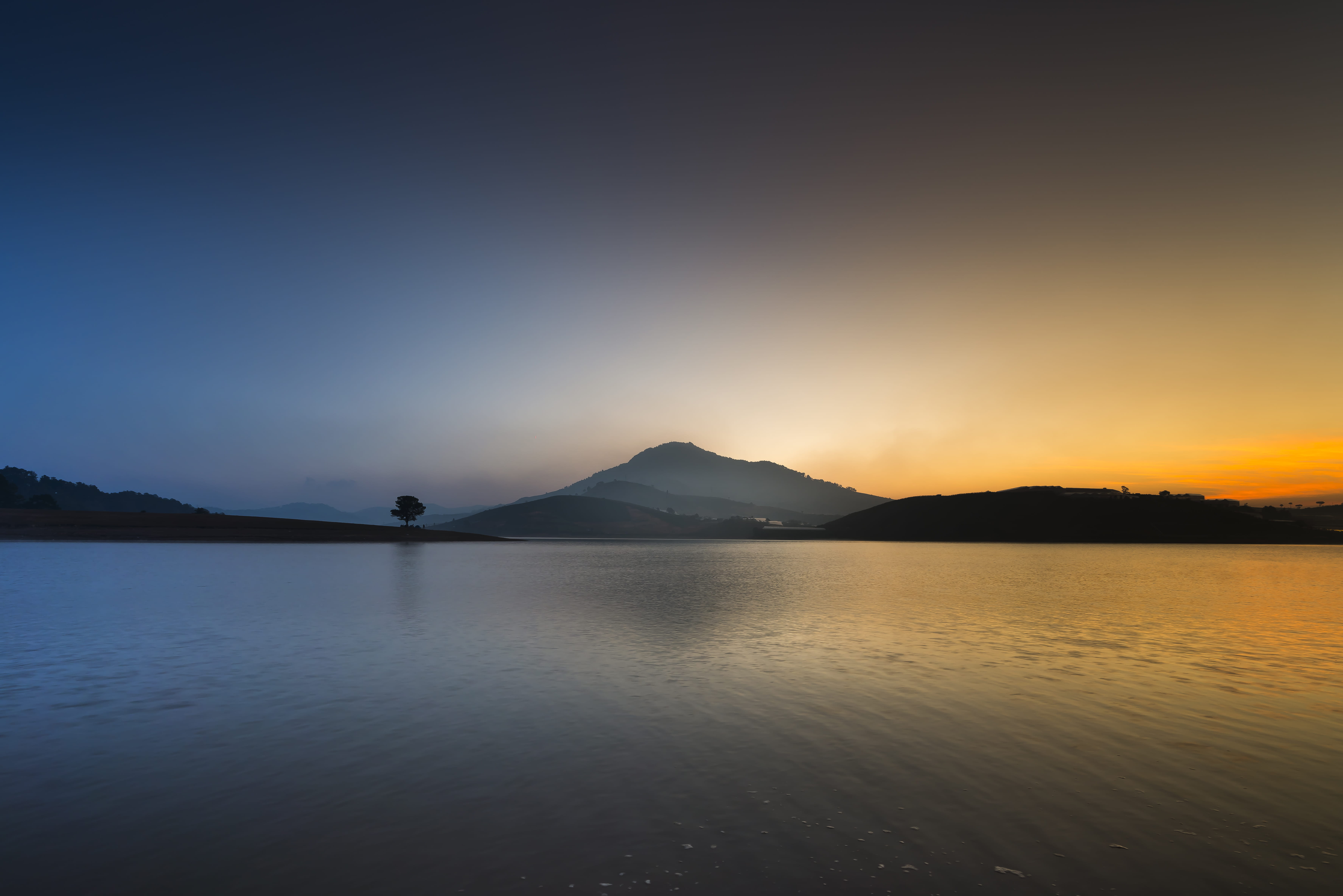 non-urban scene, waterfront, sky, mountain range, cloudscape, clouds, beach, evening, fog, body, nature, sunset, calm, reflection, silhouetted, near, 5K, HD Wallpaper