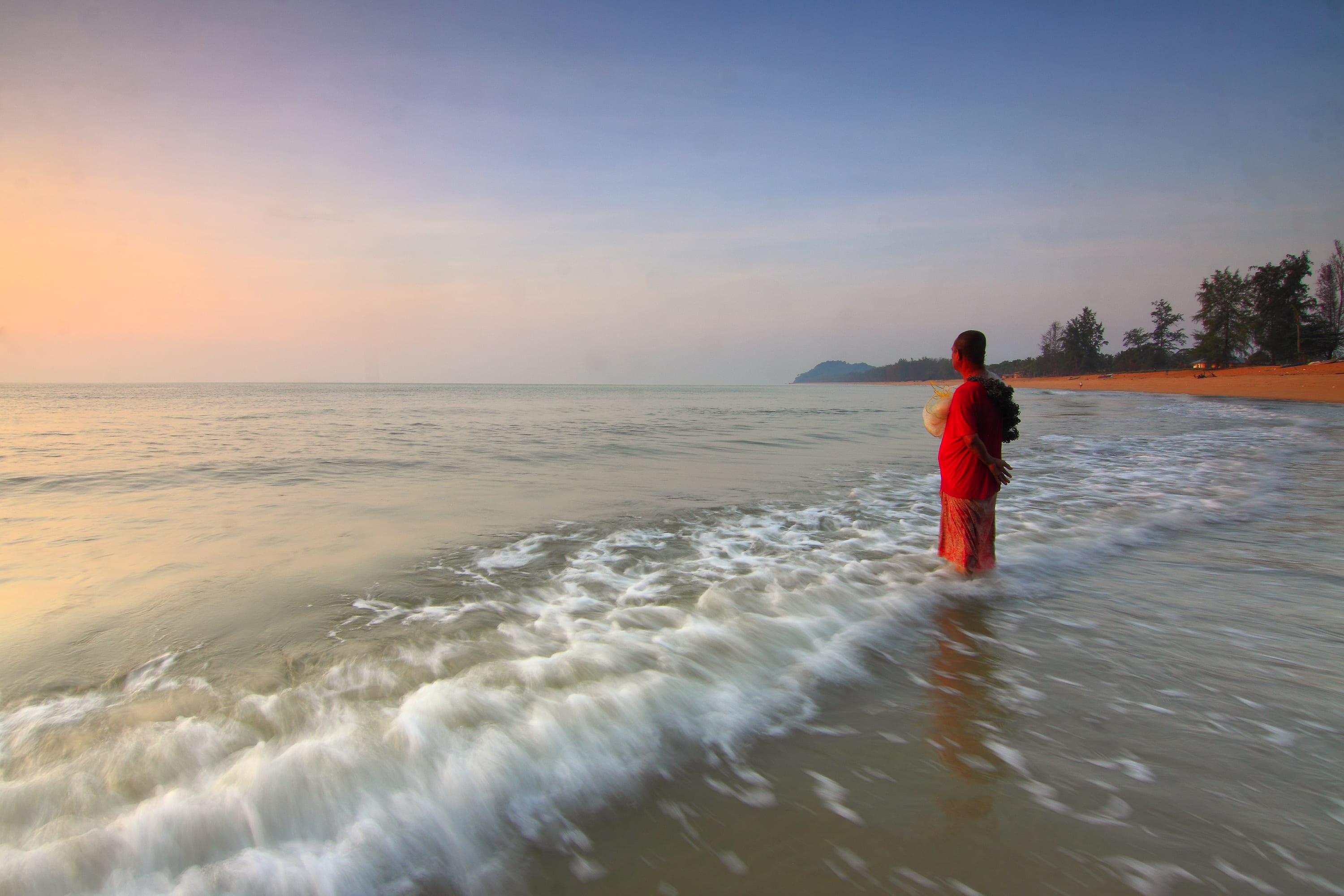 rear view, standing, land, sunrise, lifestyles, beauty in nature, summer, leisure, scenic, nature, water, seascape, motion, one person, 2K, dawn, landscape, HD Wallpaper