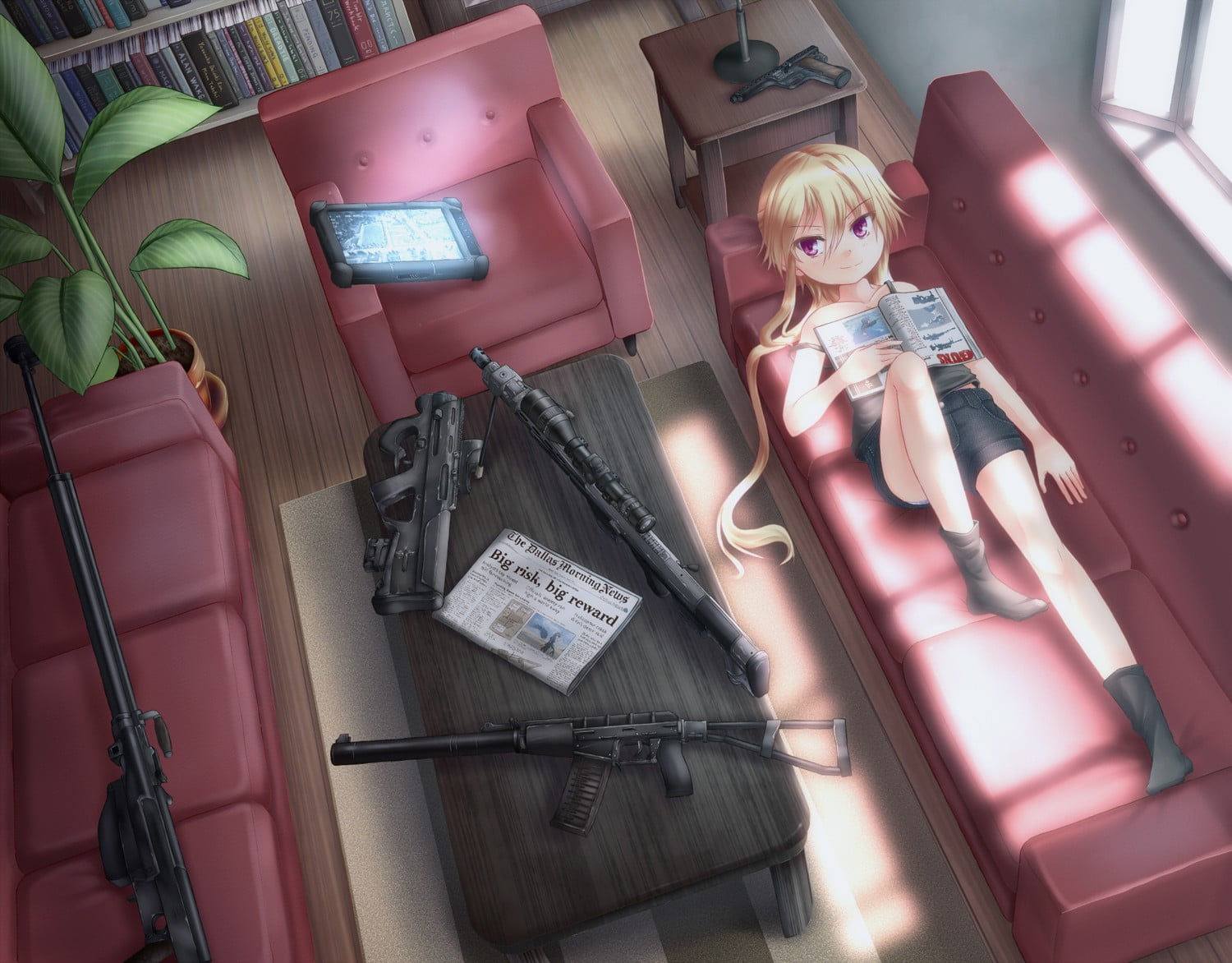 original characters, 720P, weapon, females, real people, high angle view, indoors, three quarter length, communication, table, lifestyles, anime girls, HD Wallpaper