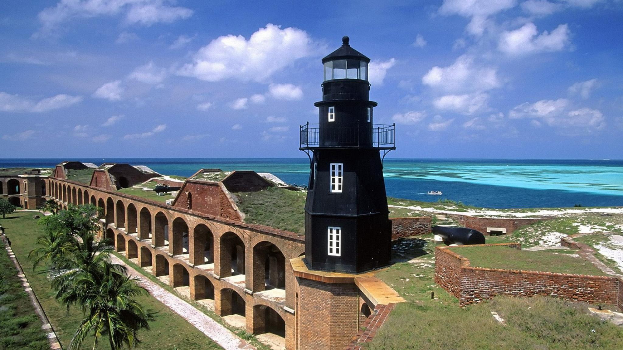 black, 1080P, fort, nature and landscapes, jefferson, park, white, brick, florida, lighthouse, tower, national, HD Wallpaper