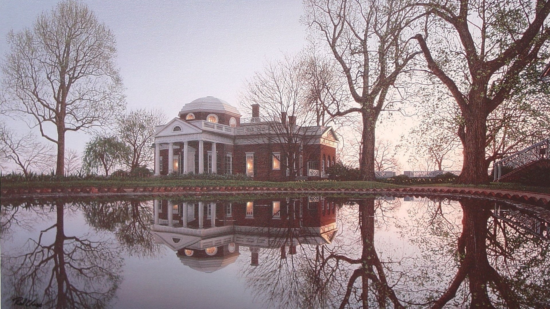 Trees, Jefferson monticello, Old Building, USA, Virginia, 1080P, architecture, reflection, water, HD Wallpaper