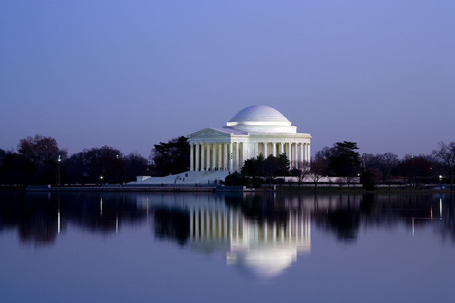 1080P, travel destinations, tree, sunset, dusk, jefferson memorial, attraction, plant, built structure, city, water, architecture, architectural column, HD Wallpaper