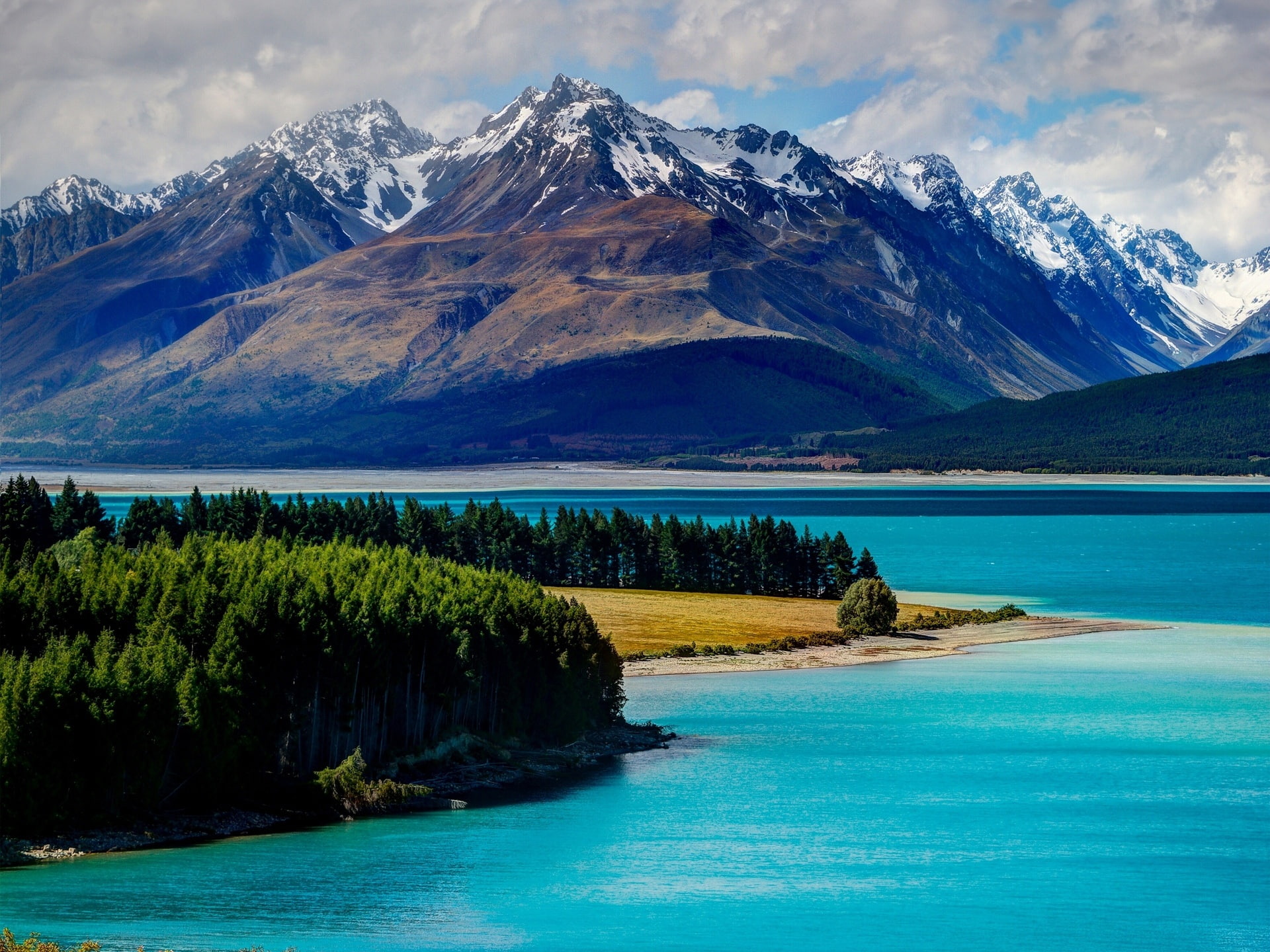 water, 1080P, Tekapo, Lake, Forest, Trees, Mountains, body, Zealand, New, HD Wallpaper