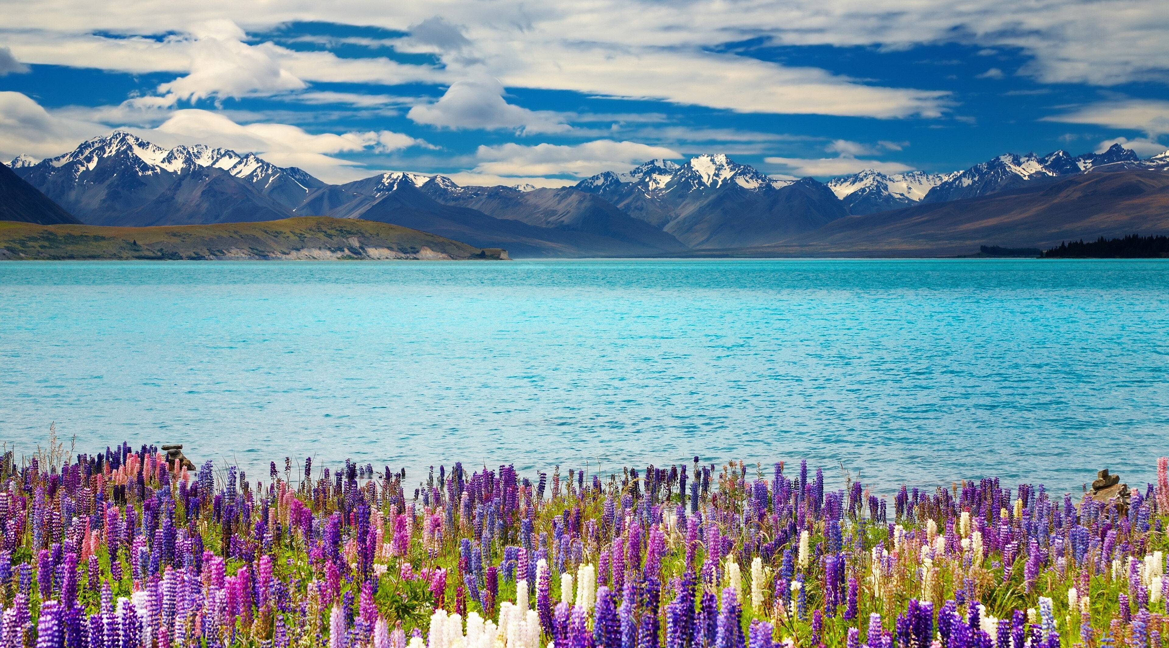 purple, no people, environment, cloud - sky, mountain range, land, lake tekapo 4k  hd desktop  background, nature, water, snowcapped mountain, plant, mountain, HD Wallpaper