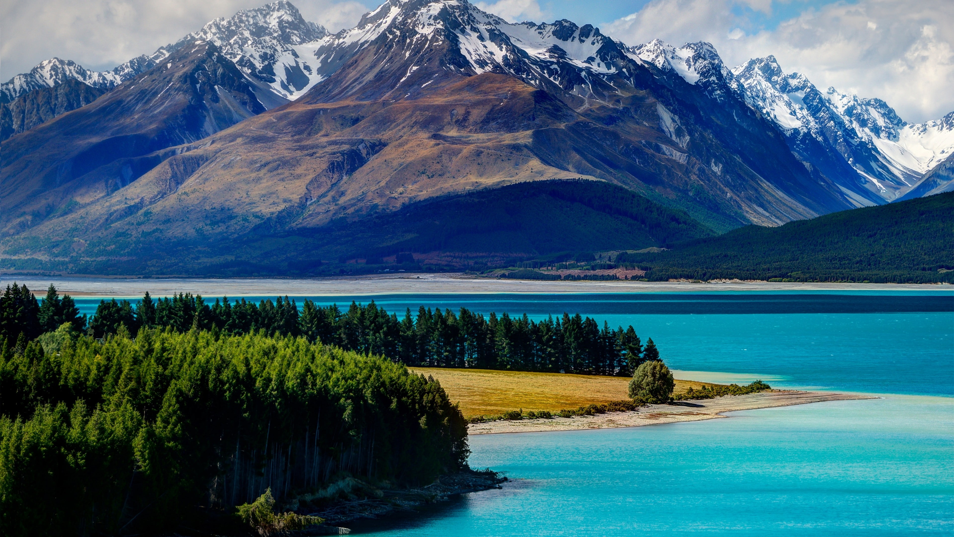 rest, snowy, trees, photography, New Zealand, mountain, sea, sky, South Island, vacation, 4K, booking, daylight, travel, 5k, clouds, mountains, HD Wallpaper