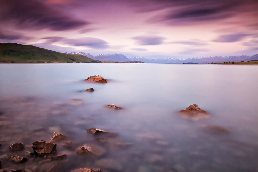 landscape, blue, nature, rock - Object, nz, water, summer, outdoors, body of water, daytime, body, Milky, beauty In Nature, sunset, Soup, lake, cloudy, HD Wallpaper